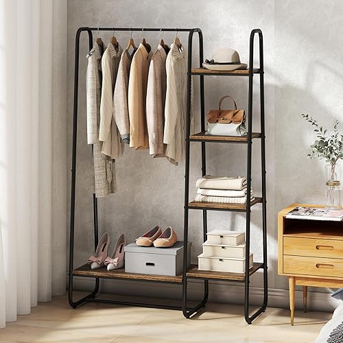 Miniatura 2 de COSTWAY Perchero con estantes, perchero resistente con barra para colgar, estantes de 5 niveles, almohadillas ajustables para pies, organizador de