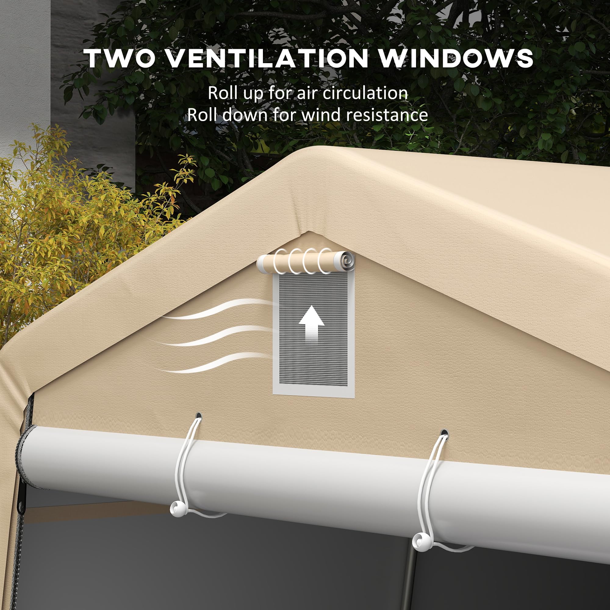 Garaje Outsunny Tente Dim. 6,2L x 3,3l x 2,4H m Robusto Acero galvanizado PE Alta Densidad 150 g/m² Impermeable Anti-UV, 1 Puerta Caqui y 2 respiraderos