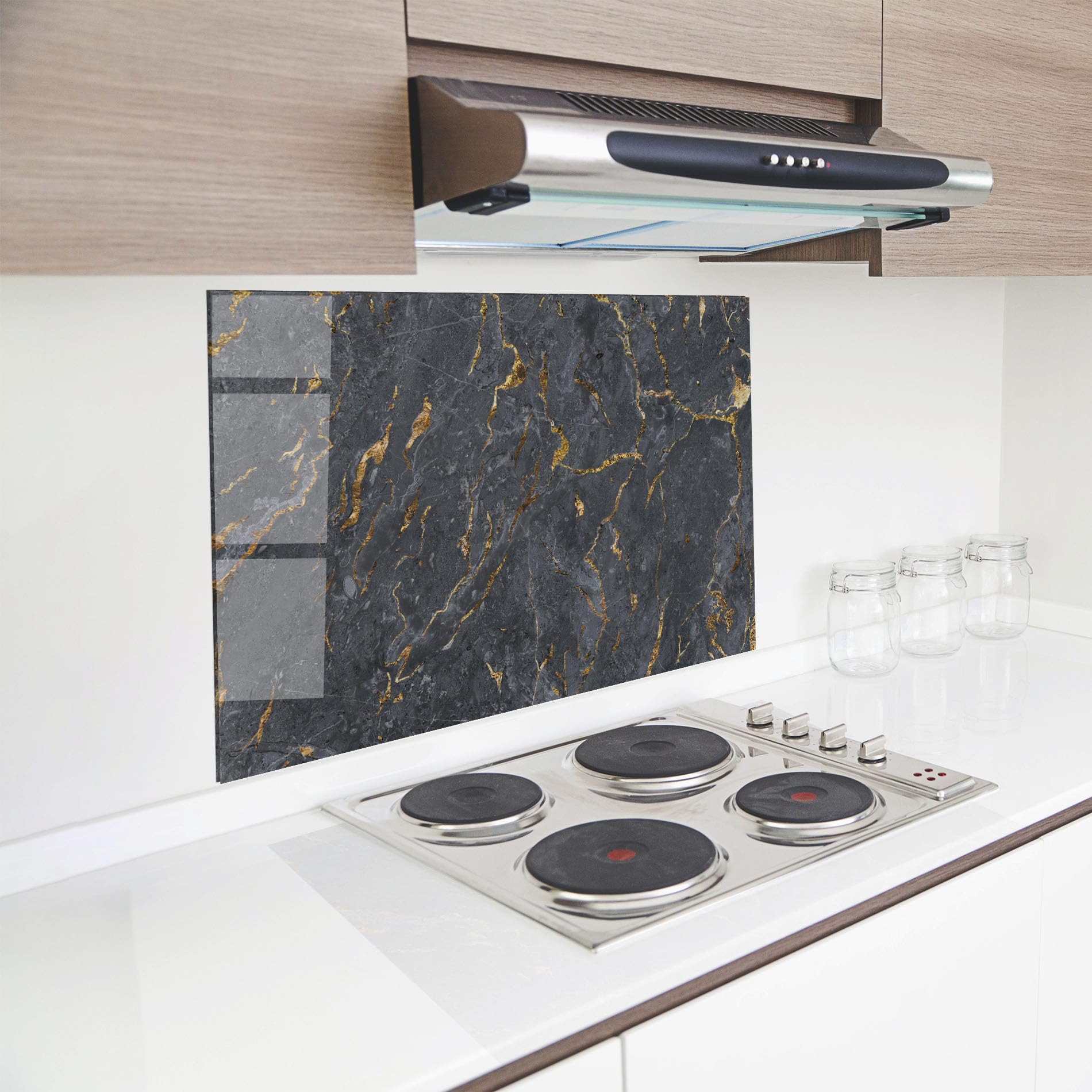 ARTHUB® Crédence de Cuisine en Verre 70x100 cm, Gold Grey Marble | Protection Contre Les éclaboussures, Revêtement Mural en Carreaux, Plaque en Verre, Verre trempé, Abstrait, Marbre