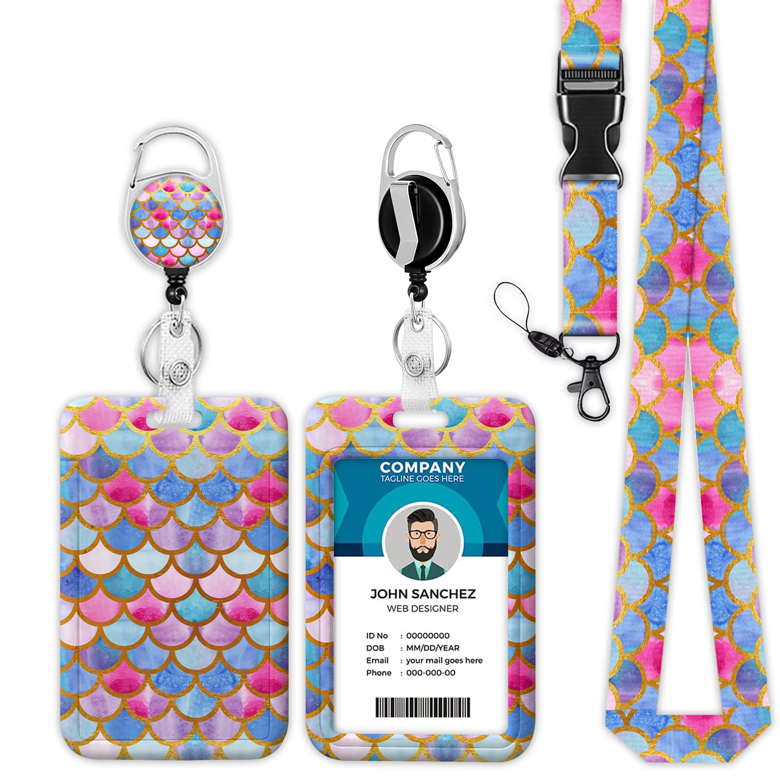 ID Badge Holder with Lanyard, Color Mermaid Scale Lanyards for Id Badges, Retractable ID Badge Holder with Detachable Lanyard, Badge Reel Heavy Duty