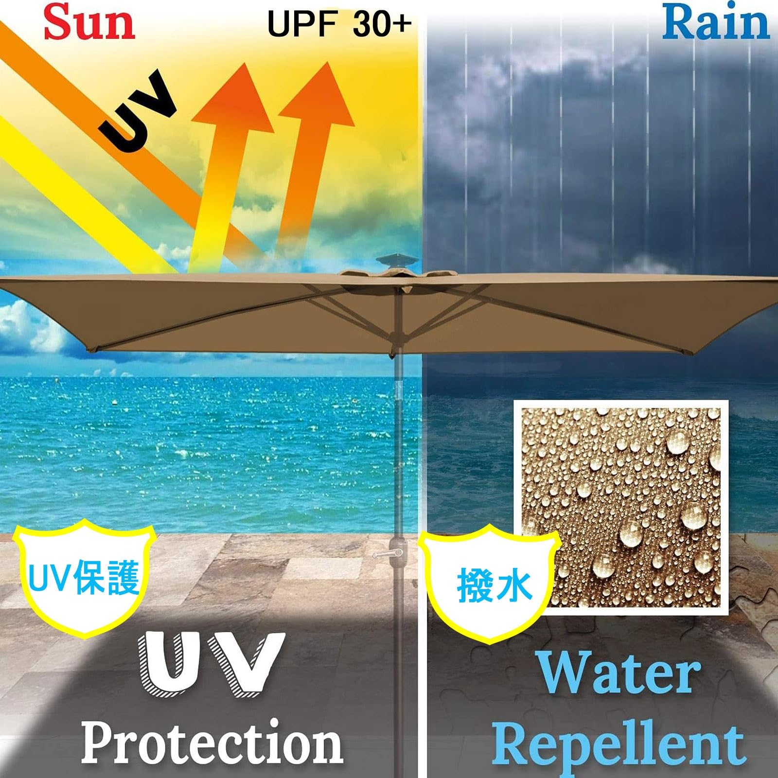 Auvent De Remplacement Pour Parasol 300×300cm Protection UV Housse Parapluie non déporté Khaki 197X297cm