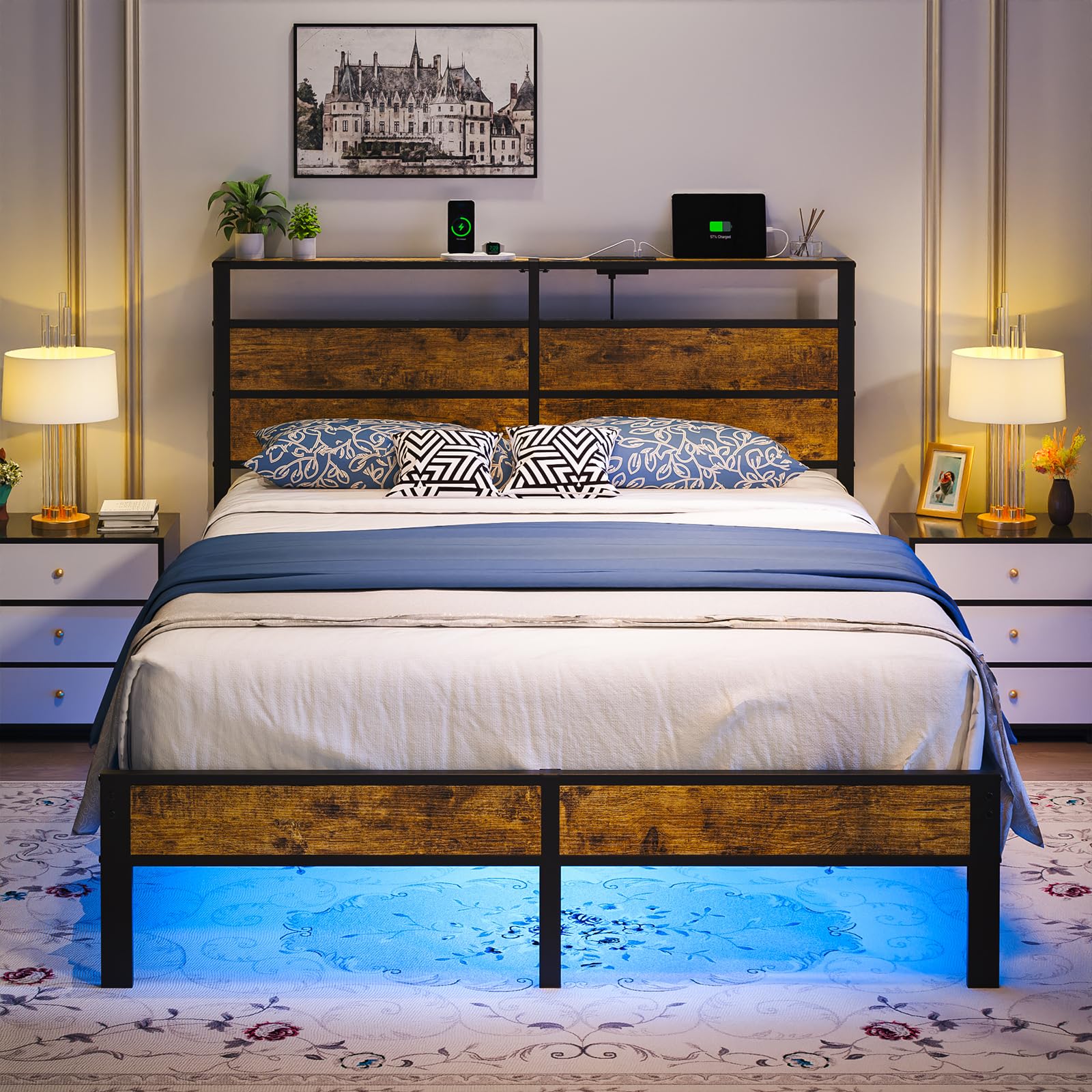 Queen Size Bed Frame with USB Type C Charging Station Headboard, Smart LED Lights, Metal Platform Noise Free, No Box Spring Needed, Easy Assemably