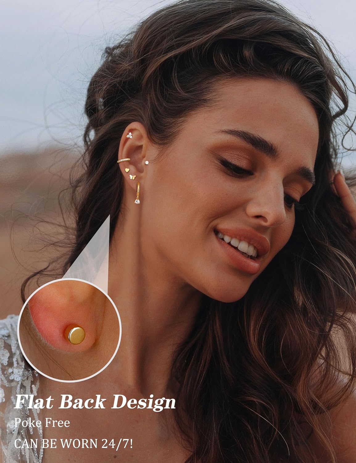 Jstyle 14K Gold Plated Stud Hoop Earrings for Women Hypoallergenic Surgical Steel Earring Stacks Silver Flat Back Earrings Trendy CZ Small Helix Cartilage Earring Sets for Multiple Piercing Jewelry - Image 2