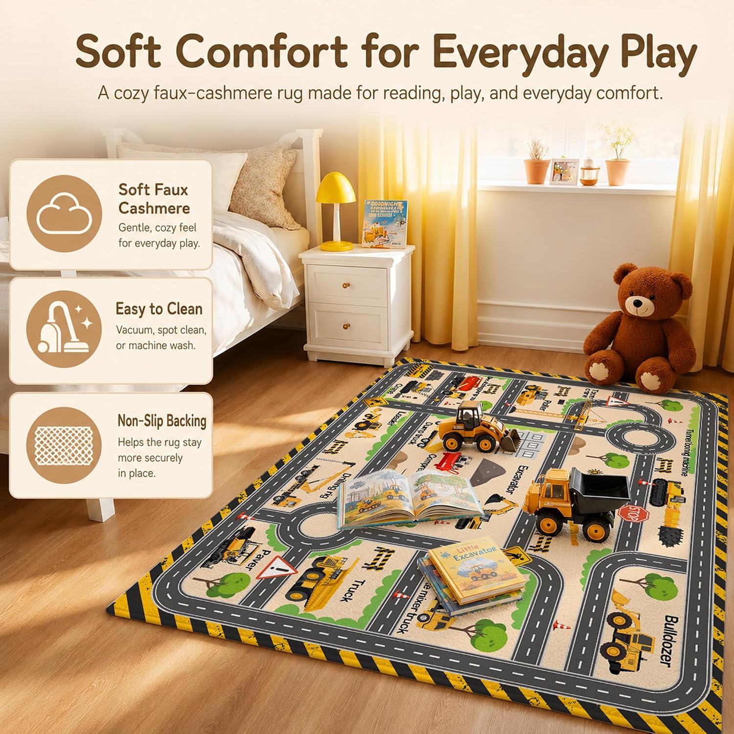 Kids Construction Playroom Rug, Faux Wool Excavator Map, Non-Slip, 4 x 6 ft image 5