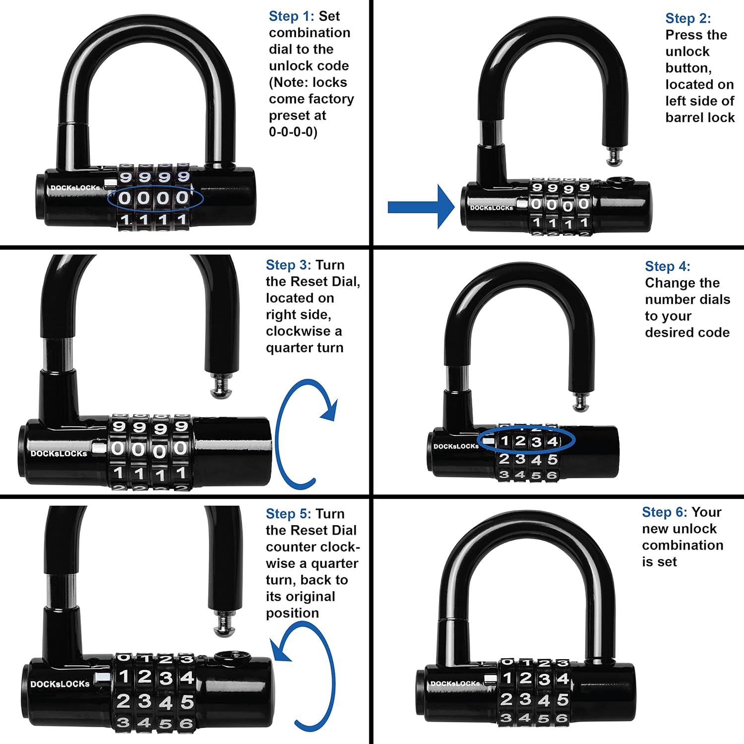 DocksLocks Compact Heavy Duty Weather Resistant Padlock Style Anti Theft U-Lock with Resettable Combination for Gyms, Bikes, Security Cables, Gates