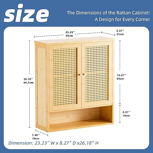 Miniatura 3 de HITNET Armario de baño montado en la pared, botiquín de ratán, organizador de almacenamiento colgante de bambú sobre el inodoro con estante