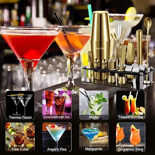 Miniatura 3 de Juego de coctelera de camarero, 23 piezas Boston Shaker Set, kit de coctelería, juego de bar con soporte, juego de coctelera de bar, juego de