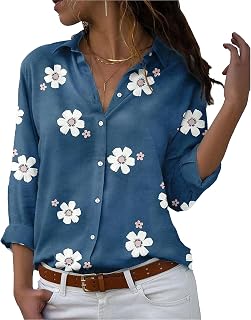 Women's Printed Slim Casual Shirts Breathable Plus Size Long Sleeves Shirts V-Neck Comfy Blouse Tops