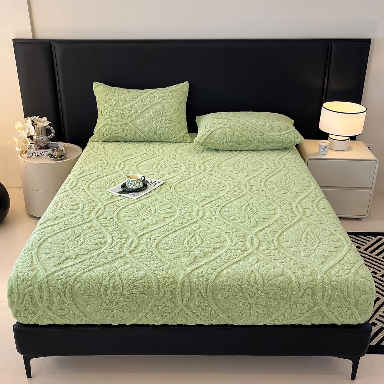 LweiPsqLin Fluffy Velvet Fitted Sheet King Size - Micro Fleece Bed Sheet with 15" Deep Pockets, Bohemian Floral Jacquard Mattress Cover, Shrink & Fade Resistant, Blue