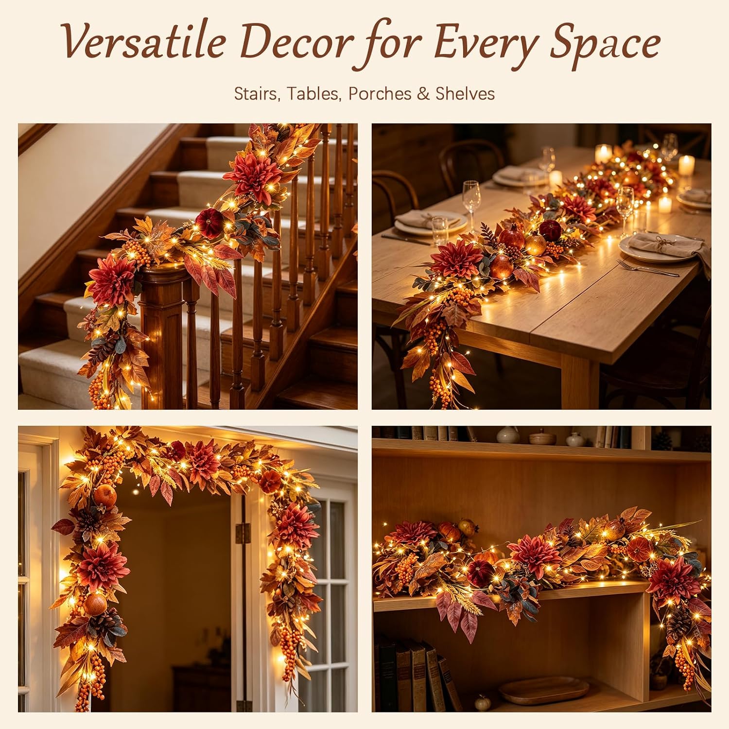 Thanksgiving Harvest Garland 6FT, Dahlia Pumpkin Pomegranate Berries Maple Leaves Grapevine with LED Lights, Fall Farmhouse Mantle Decor and Autumn Fireplace Table Centerpiece