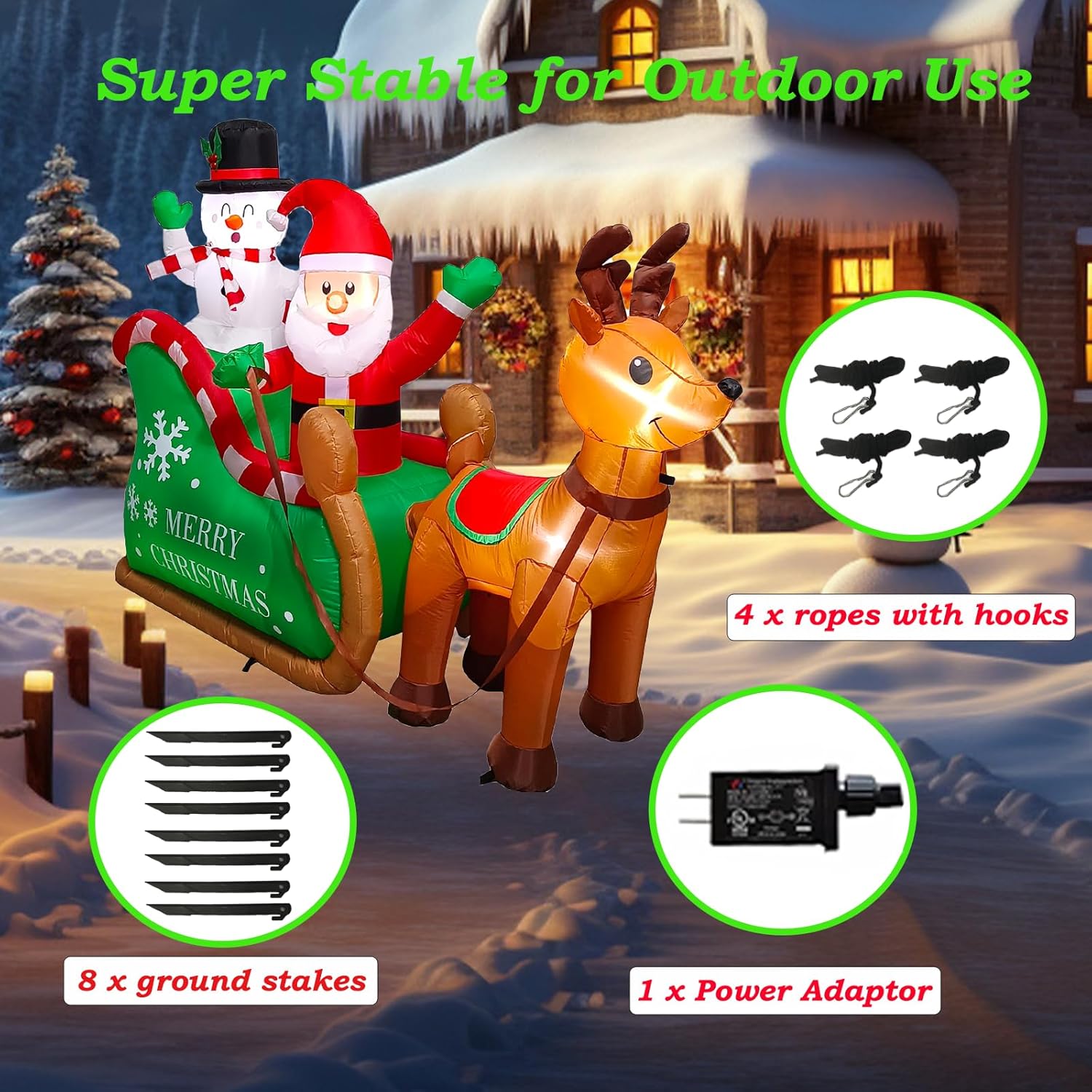 7.2 FT Long Christmas Inflatables Santa Claus on Sleigh with Snowman & Reindeer, LEDs Build-in Blow Up Christmas Yard Inflatable Decoration for Outdoor Indoor Garden Lawn