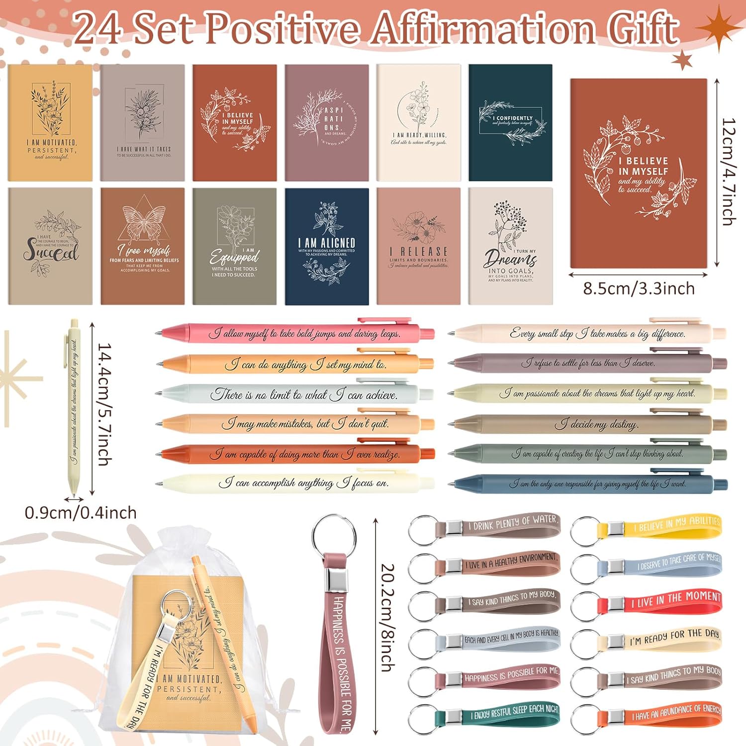 Mooliwe Positive Affirmation Gift Set Gratitude Notebooks with Pens Keychains Small Bags Motivational Party Favors for Adult Women Coworkers Employee Group(24 Set,Vibrant)
