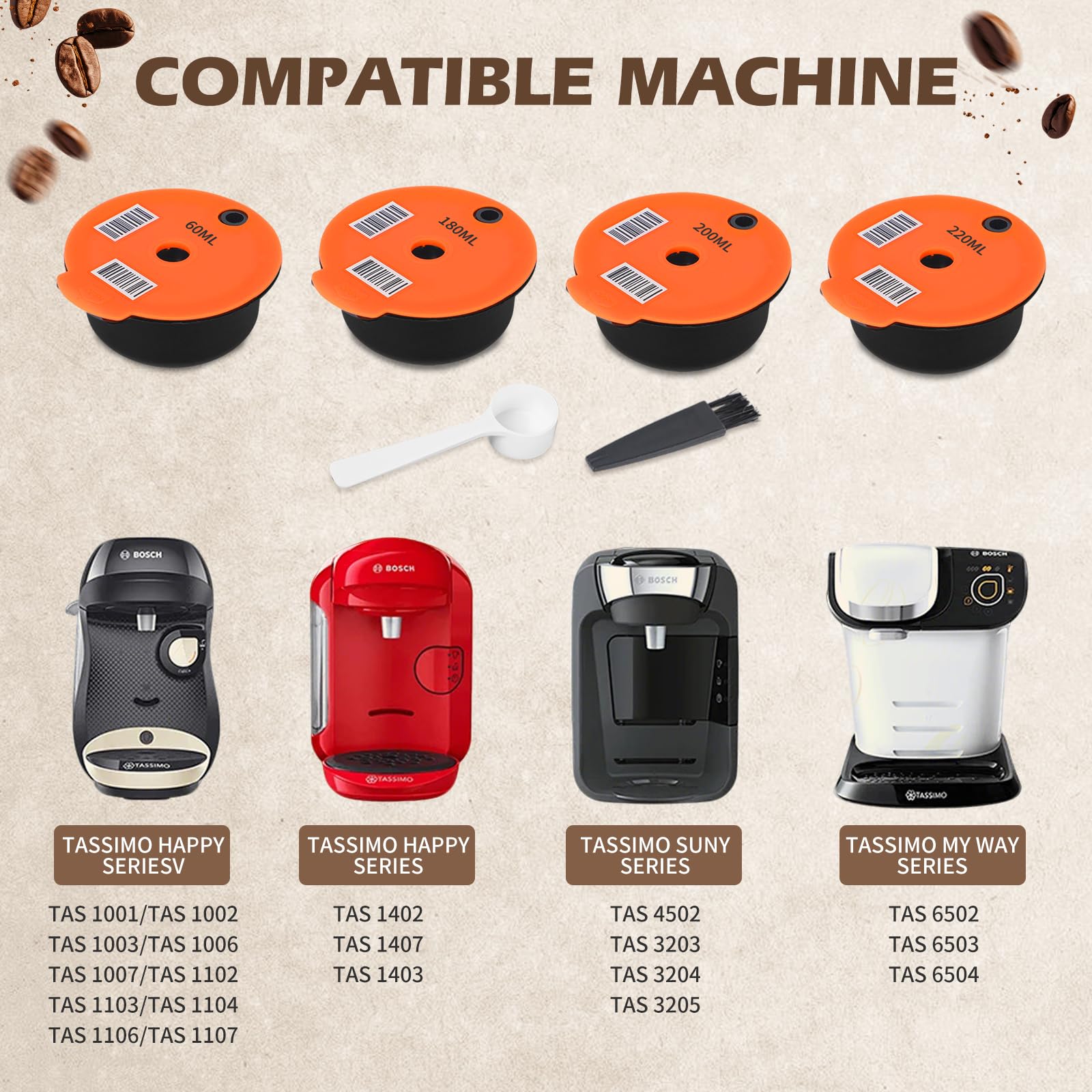 Cápsulas de café reutilizables de 200 ml con tapa de silicona amarilla, filtro de café reutilizable de plástico PP, compatible con Bosch Tassimo (60+180+200+220ml)