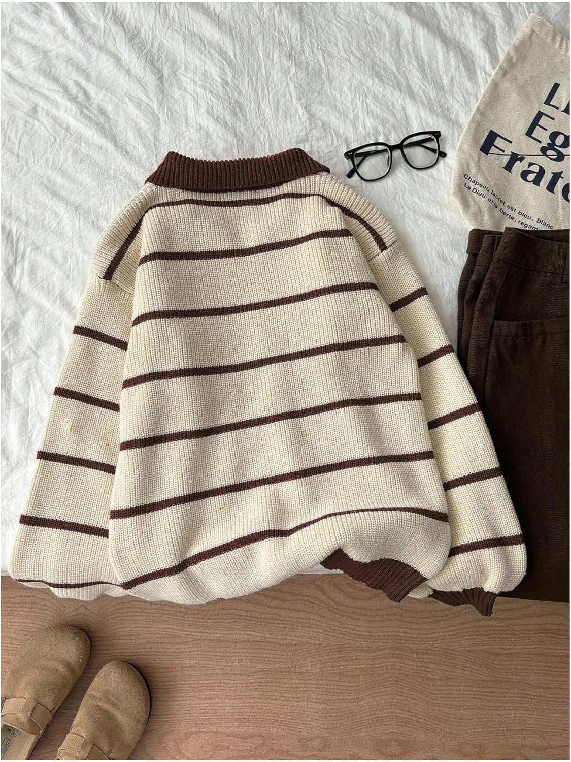 MakeMeChic Women's Collared Striped Sweater Long Sleeve Knit Fall Winter Sweaters Preppy Tops - Image 2
