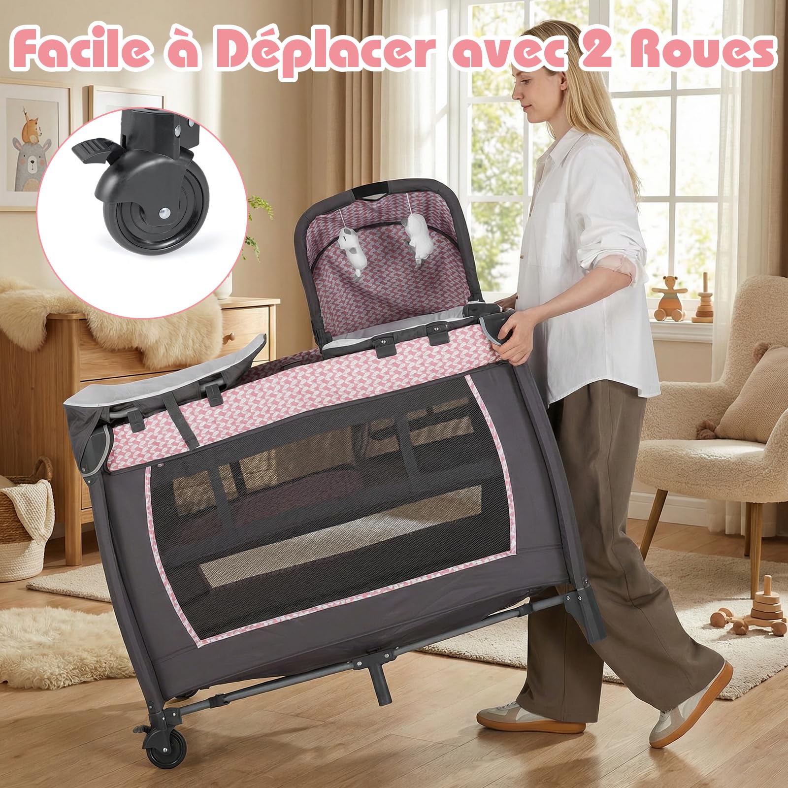 DREAMADE 5 en 1 Lit Parapluie Bébé 105,5 x 74 x 77 cm, Lit Cododo pour 0-36 Mois avec Matelas, Parc Pliable avec Couffin & Table à Langer & Sac de Transport & Roues Verrouillables (Rose)