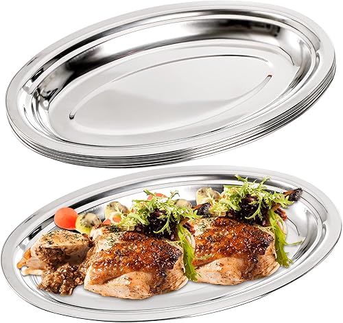 Suwimut Paquete de 6 platos ovalados de acero inoxidable, pulido de espejo resistente, bandeja grande chisporroteante para servir pescado al vapor,