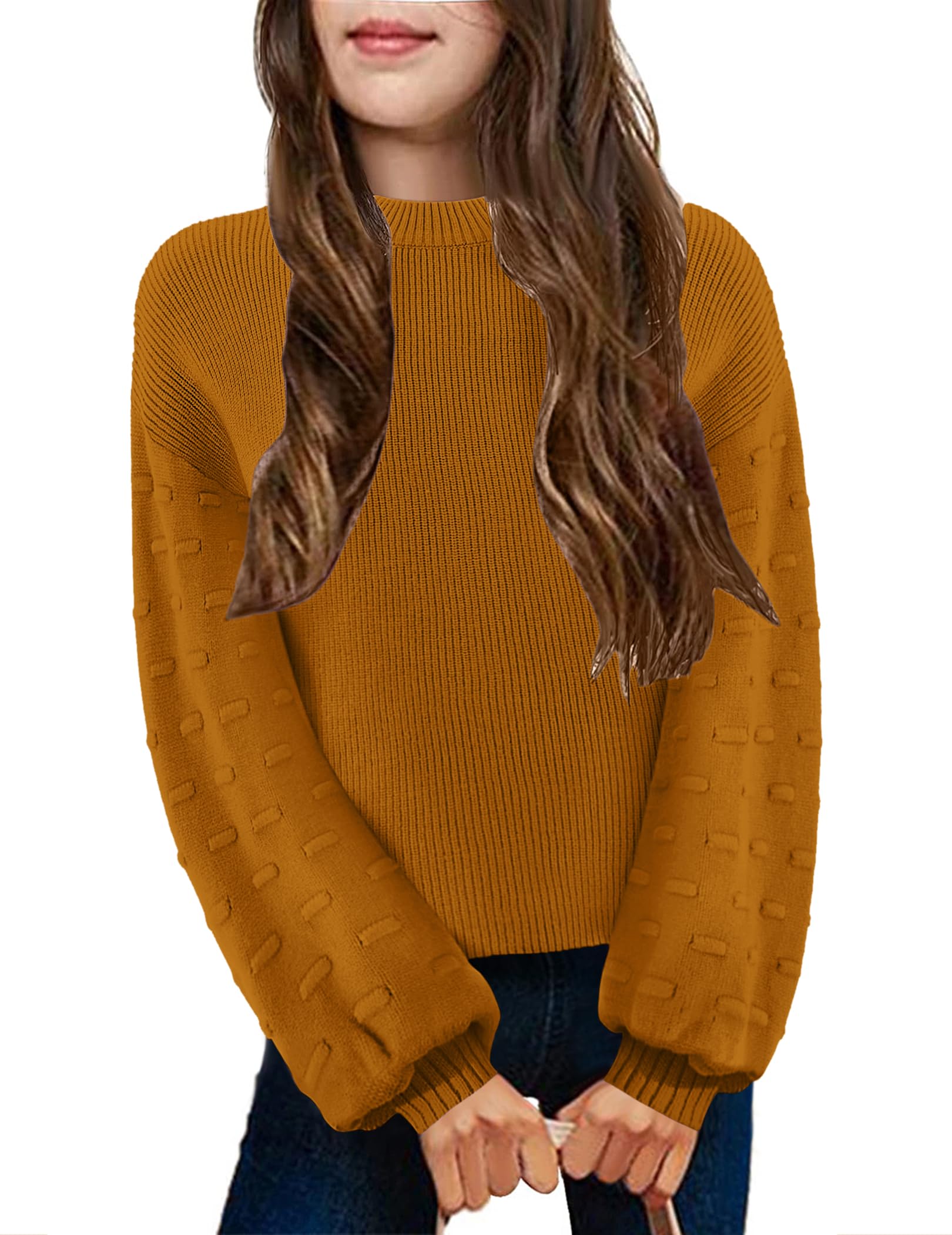 Arshiner Girls Crewneck Sweaters Chunky Lantern Sleeve Knit Jumper Tops Casual Drop Shoulder Pullover Outwear for 5-13 Years