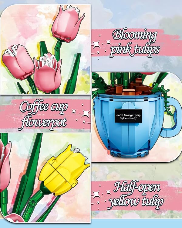 Tulip Flower Building Blocks Set, Compatible with Lego Flower, 551 PCS Coffee Cup Vase Botanical Building Kit, Forever Artificial Plant DIY Creative Home Office Decor, Ideal for Adults by Brixfun - Used condition - Image 3