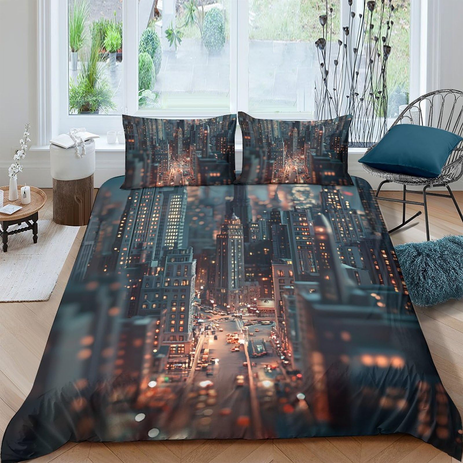 Ctjqhvkz Style-10 3D Printed City Night View Fitted Sheet Microfiber Urban Lights Bed Cover Bedroom Decor, Anti-Slip, Machine Washable Single（135X200cm）