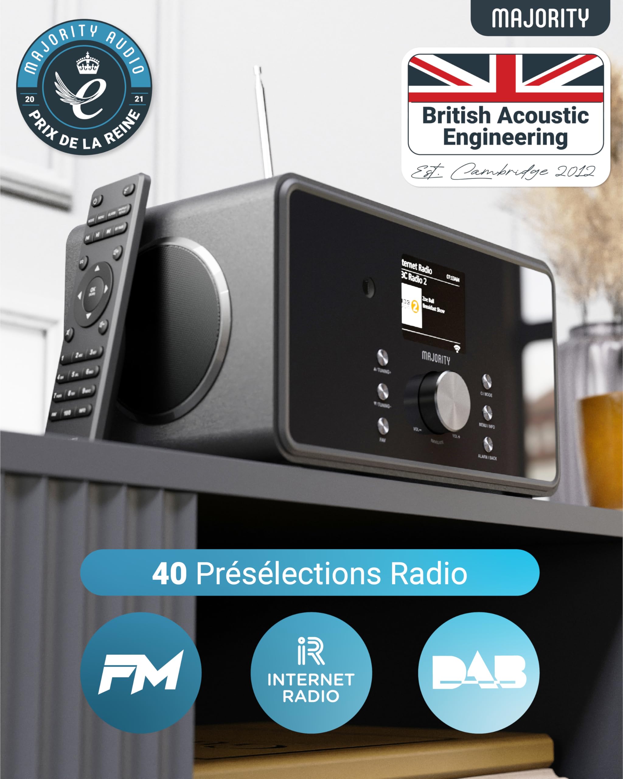 Radio Internet WiFi avec Bluetooth | Radio Dab Plus & FM | 100W 2.1 Caisson de Basse Interne pour Xtra Bass | Spotify Connect & Podcasts | Télécommande Incluse & OKTIV App Control | MAJORITY Bard