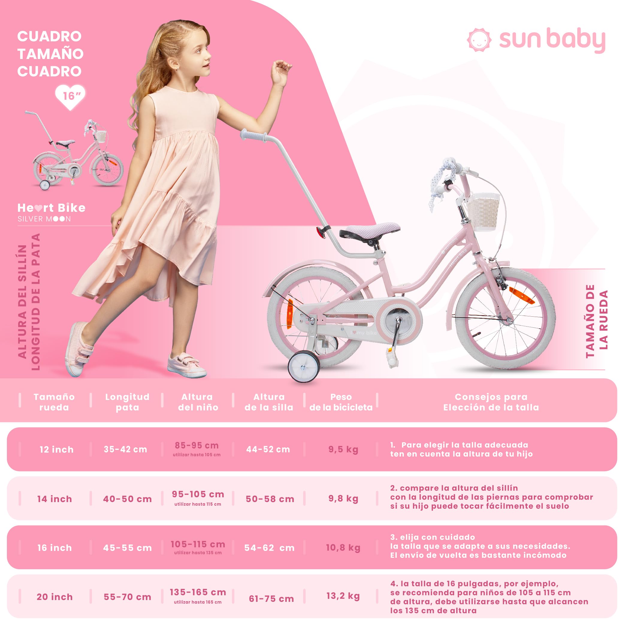 sun baby Heart Bike Bicicleta Infantil para niña 12/14/16 Pulgadas, con ruedines, Barra de Empuje, Cesta, Timbre, Freno contrapedal y V-Brake