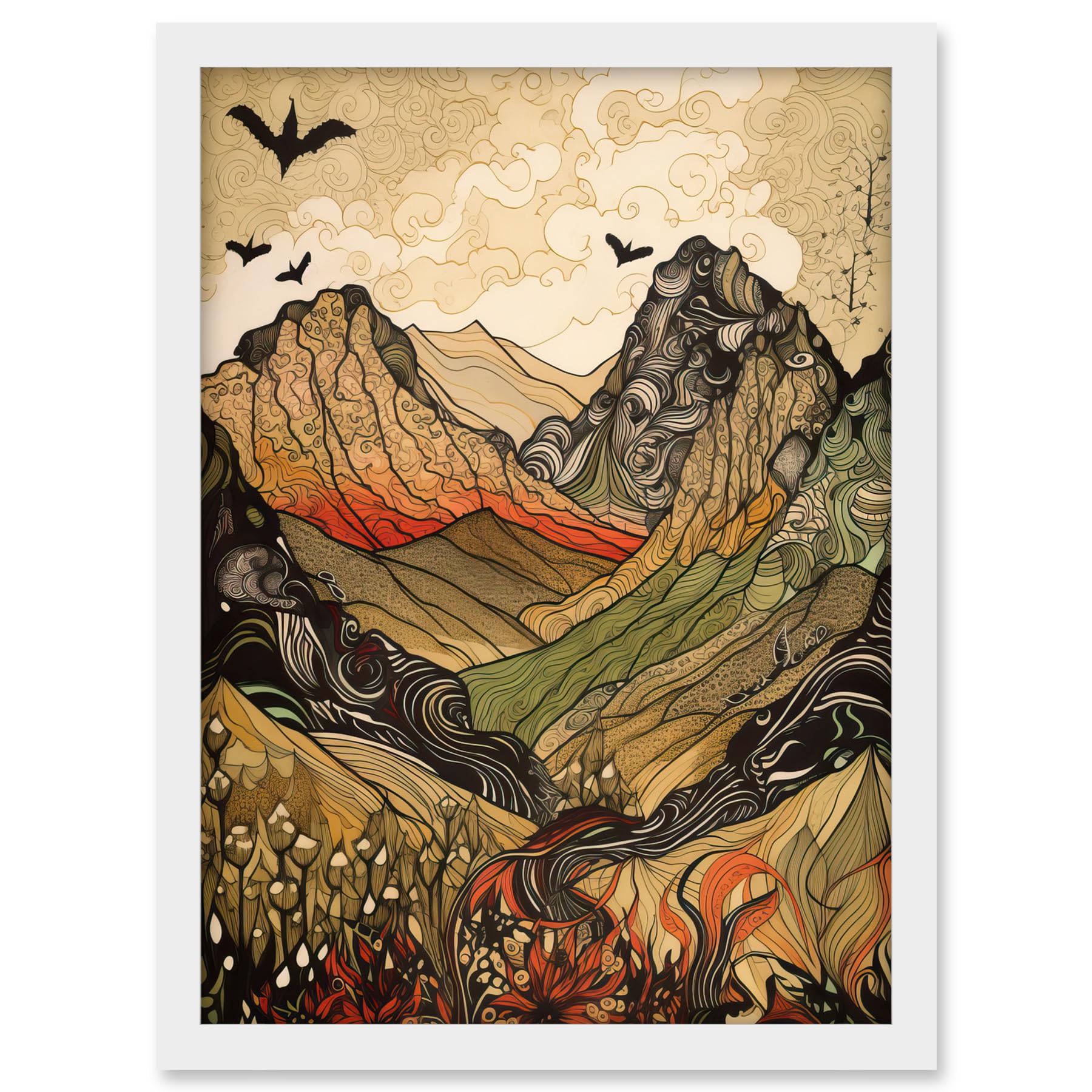 Artery8 Mountain Landscape Multicoloured Pattern Linocut Artwork Framed A3 Wall Art Print