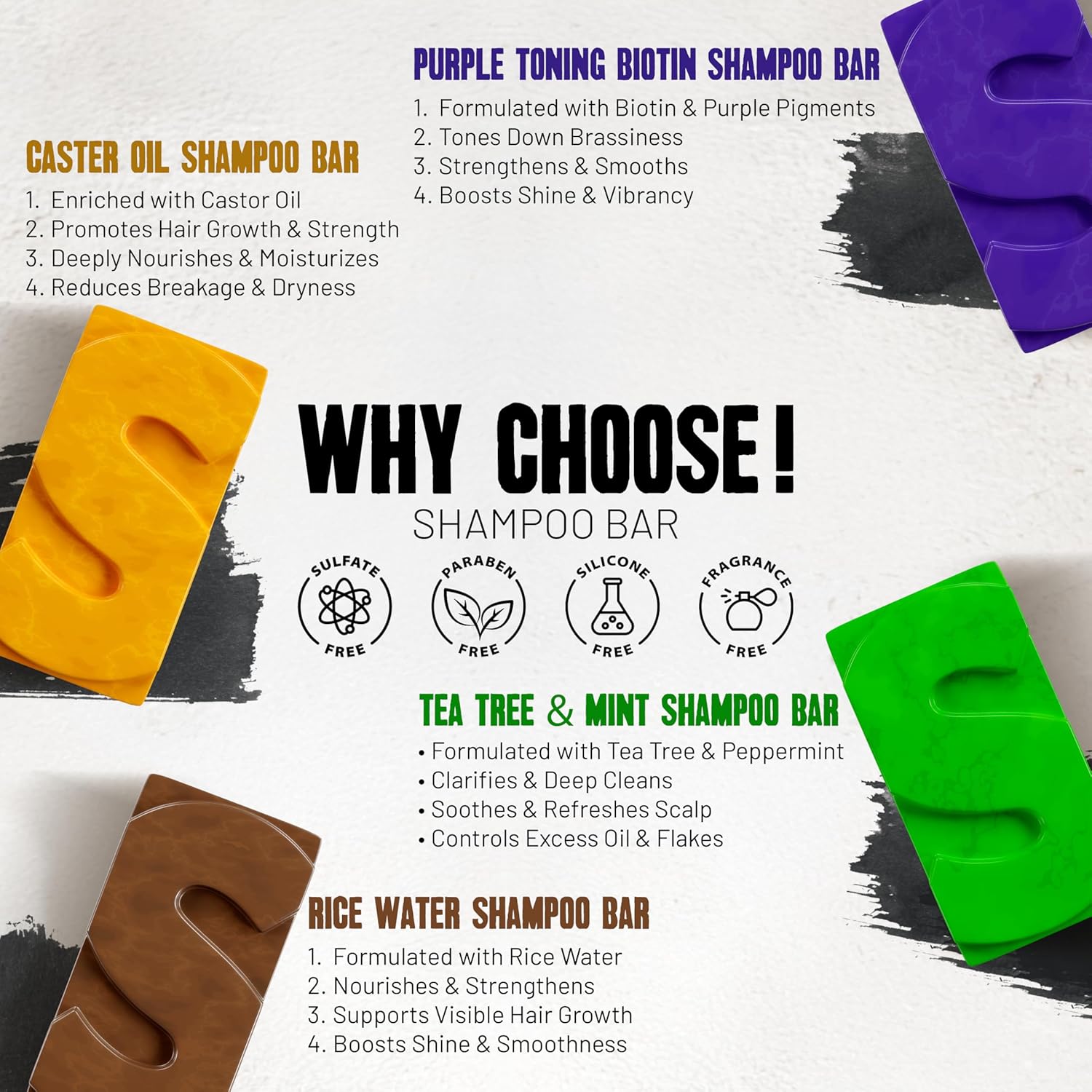Herbishh Shampoo Bar Set – Castor Oil, Tea Tree & Mint, Purple Toning with Biotin, Rice Water – Solid Shampoo Bars for Hair Growth, Oily Hair, Blonde & Thinning Hair, Sulfate-Free, Eco-Friendly 4 Pk