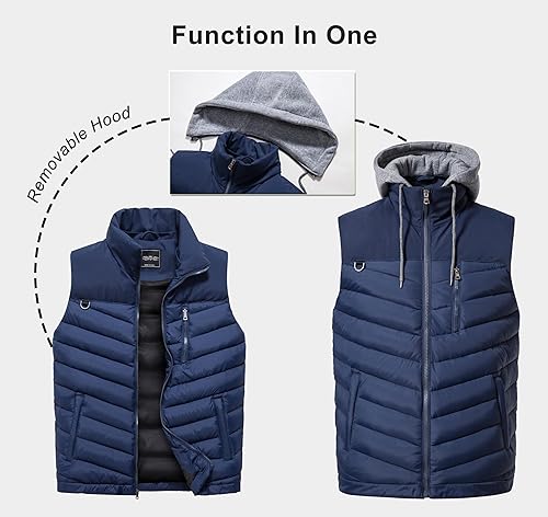 Miniatura 6 de Vcansion Chaleco de invierno acolchado para hombre con capucha extraíble sin mangas, chaleco acolchado