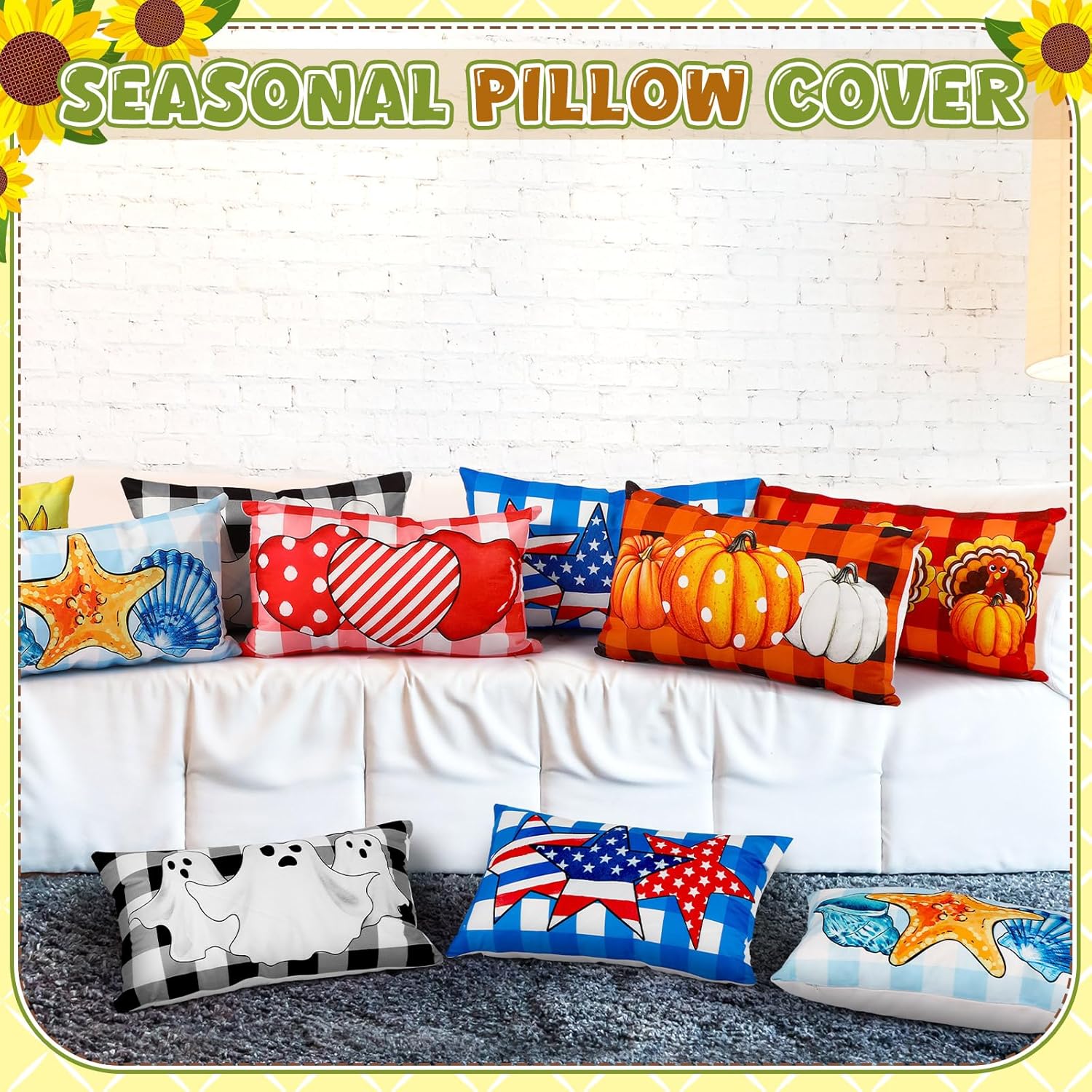 Mindsoft 14 Pcs Seasonal Holiday Pillow Cover 12 x 20 Inch Spring Patriotic Summer Lumbar Throw Pillow Covers Holiday Decorative Rectangle Throw Pillowcase for Home Office Sofa Decoration