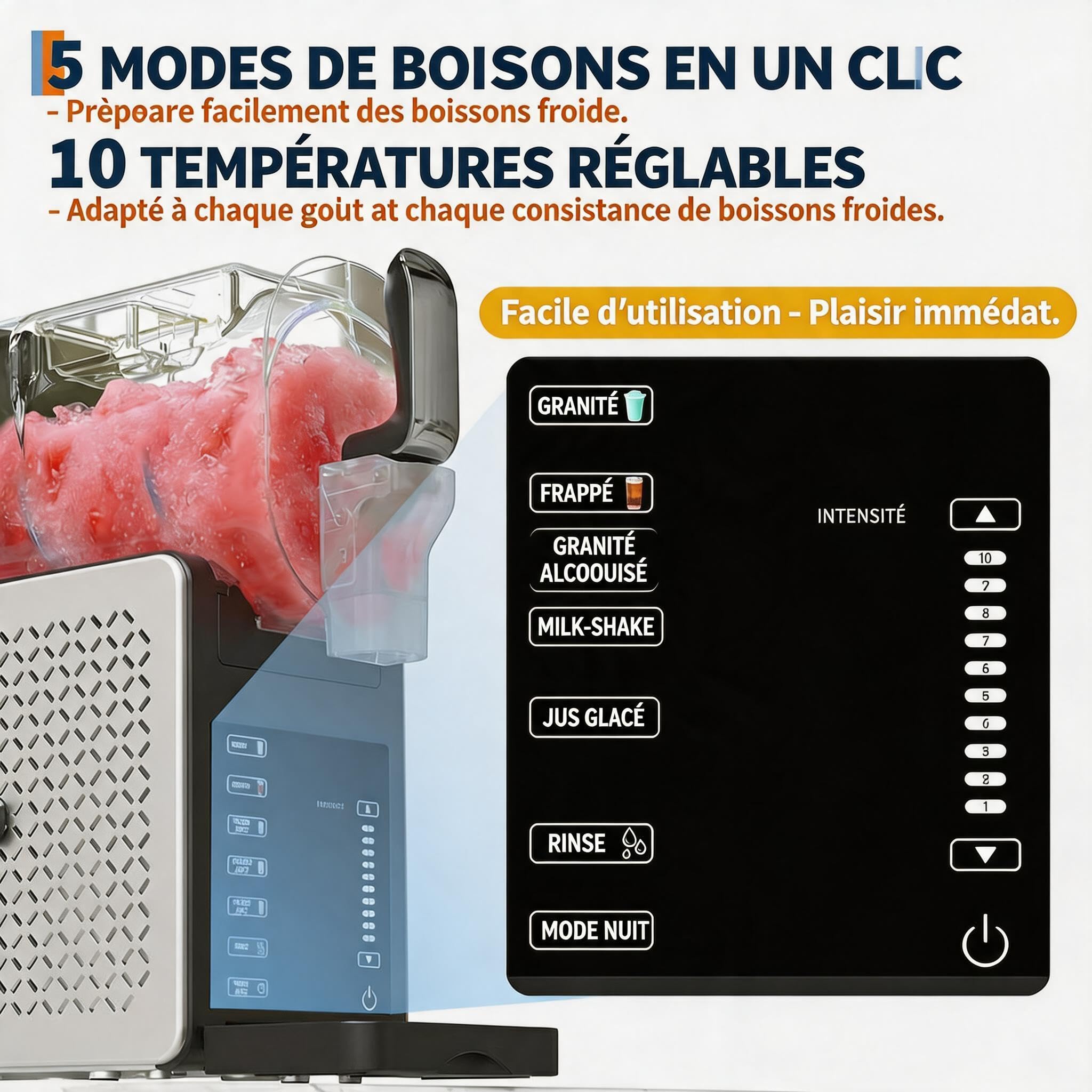 Machine à Granité 1,9L Sans Glace - 6 Programmes Automatiques, Autonettoyage, Écran LED, <45dB - Slush Maker pour Cocktails, Frappés, Milkshakes, Jus Glacés