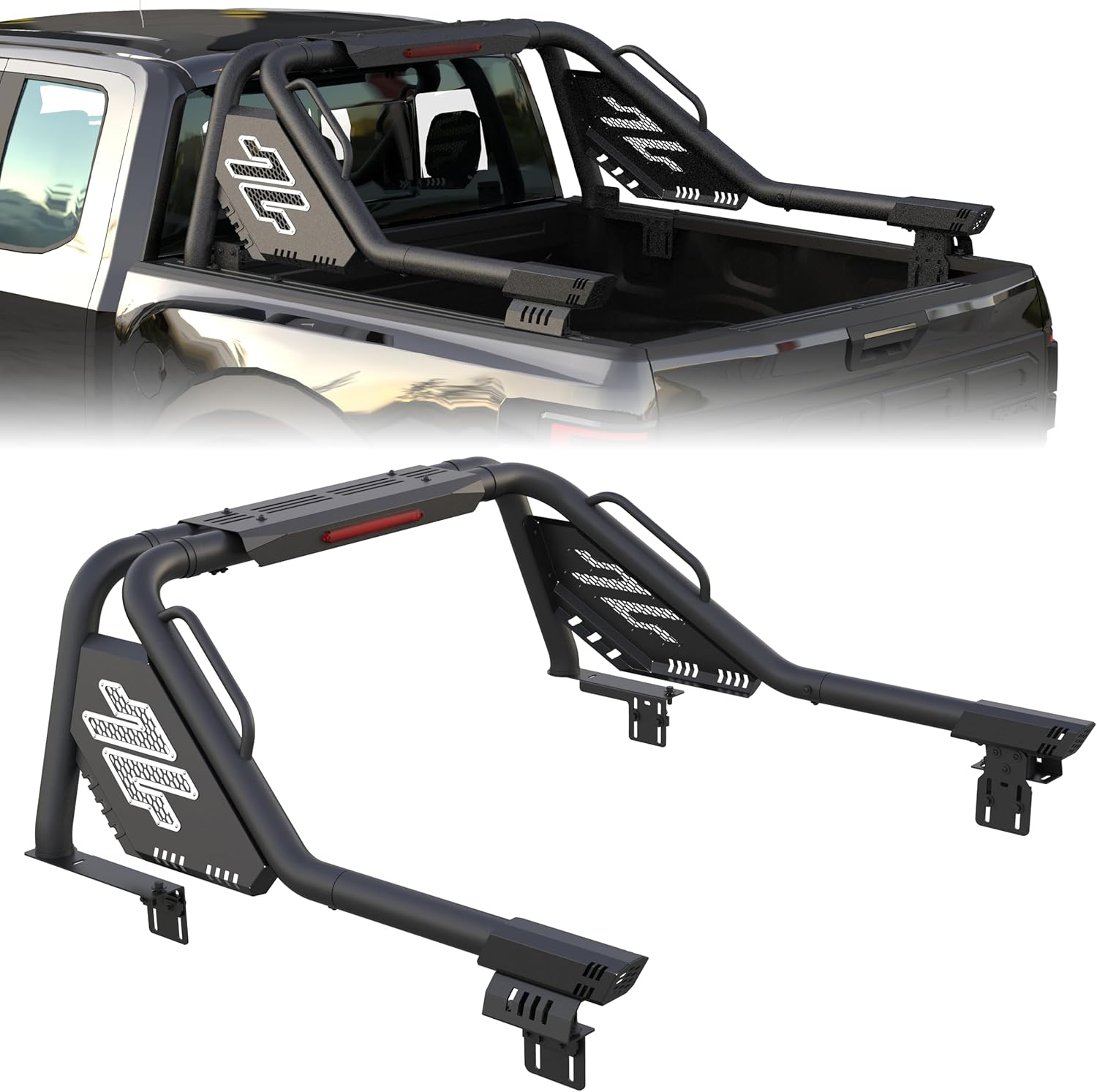Heavy-Duty Truck Roll Bar with High-Mount Brake Light for Full-Size Pickups – Fits Silverado, Ram, F-150, Tundra, Titan XD – Compatible with Open Beds & Retractable Covers with Rails