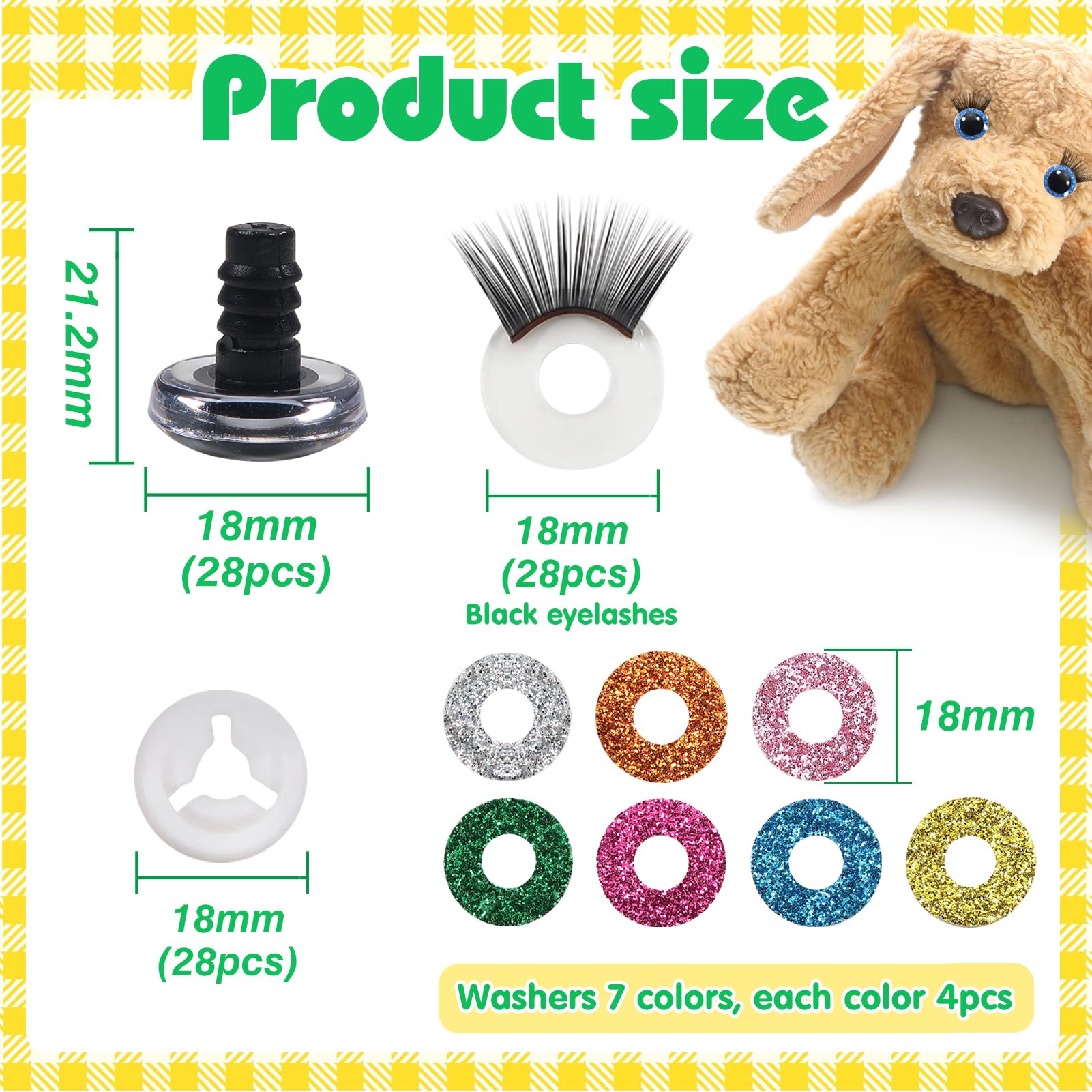TOAOB 28pcs 18mm Safety Eyes Plastic Glitter Safety Eyes with Black Eyelashes and Washers for Amigurumis Craft Crochet Eyes for DIY Puppet Bear Stuffed Animal Doll Making - Image 2