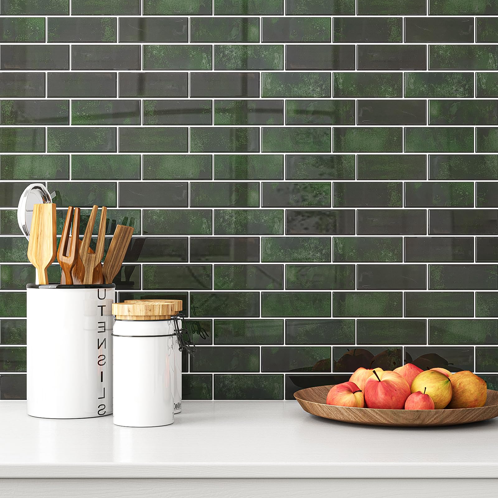VEELIKE Azulejos Adhesivos Baño Rectángulos Verde Oscuro 3D Baldosas Adhesivas Pared Cocina Vinilos Baño Impermeable Azulejos Vinilo Adhesivo Cocina Pegatinas de Baldosas 30.5cm×30.5cm 24 Piezas