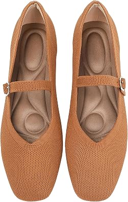 Knit Flats for Women Square Toe Casual Ballet Flat Shoes with Ankle Strap Washable Comfortable Formal Mary Jane Flat Shoes