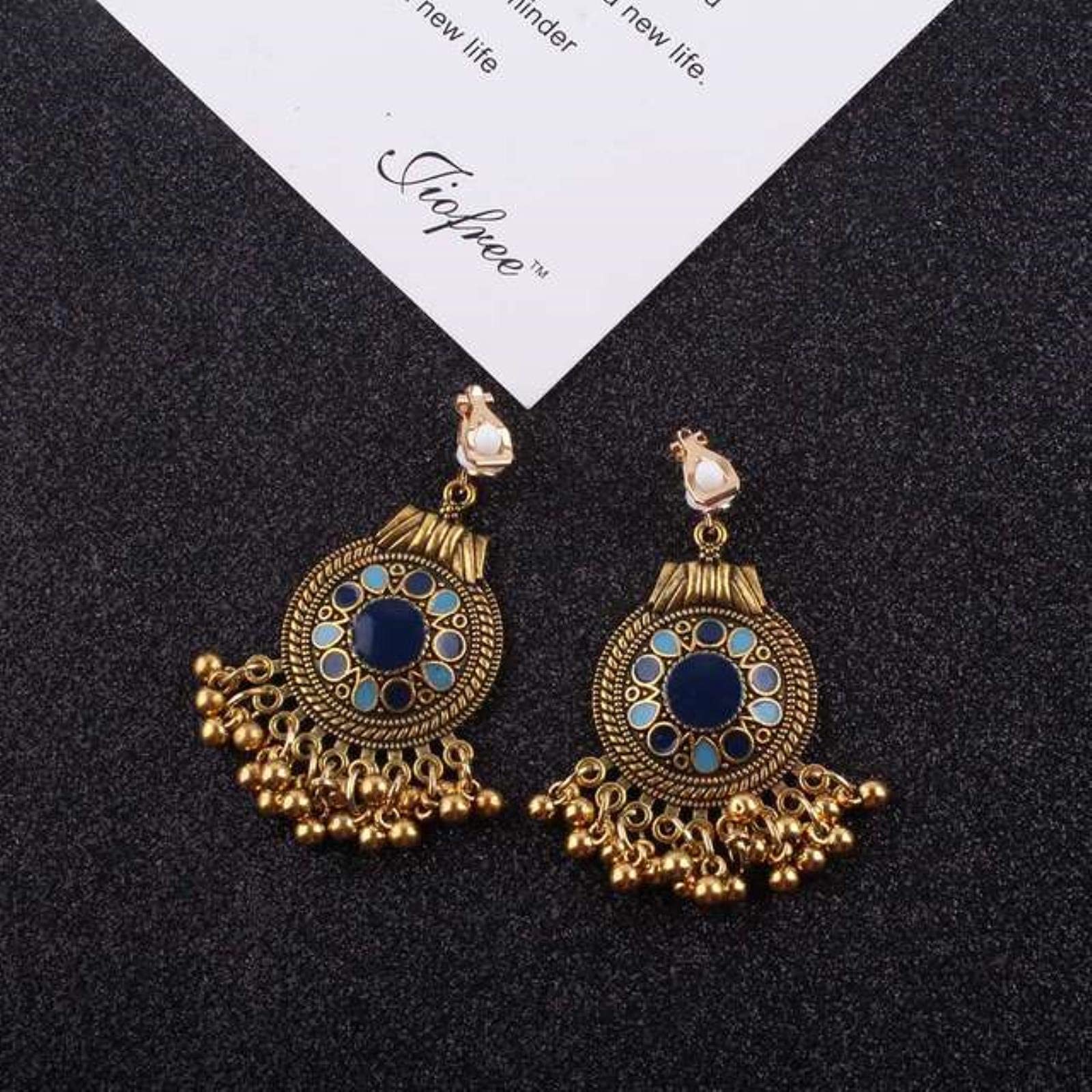 Salan Women's Blue New Party Bohemia Statement Crystal Clip Earrings Boho Turkish Vintage Ethnic Jewelry No Piercing Earrings For