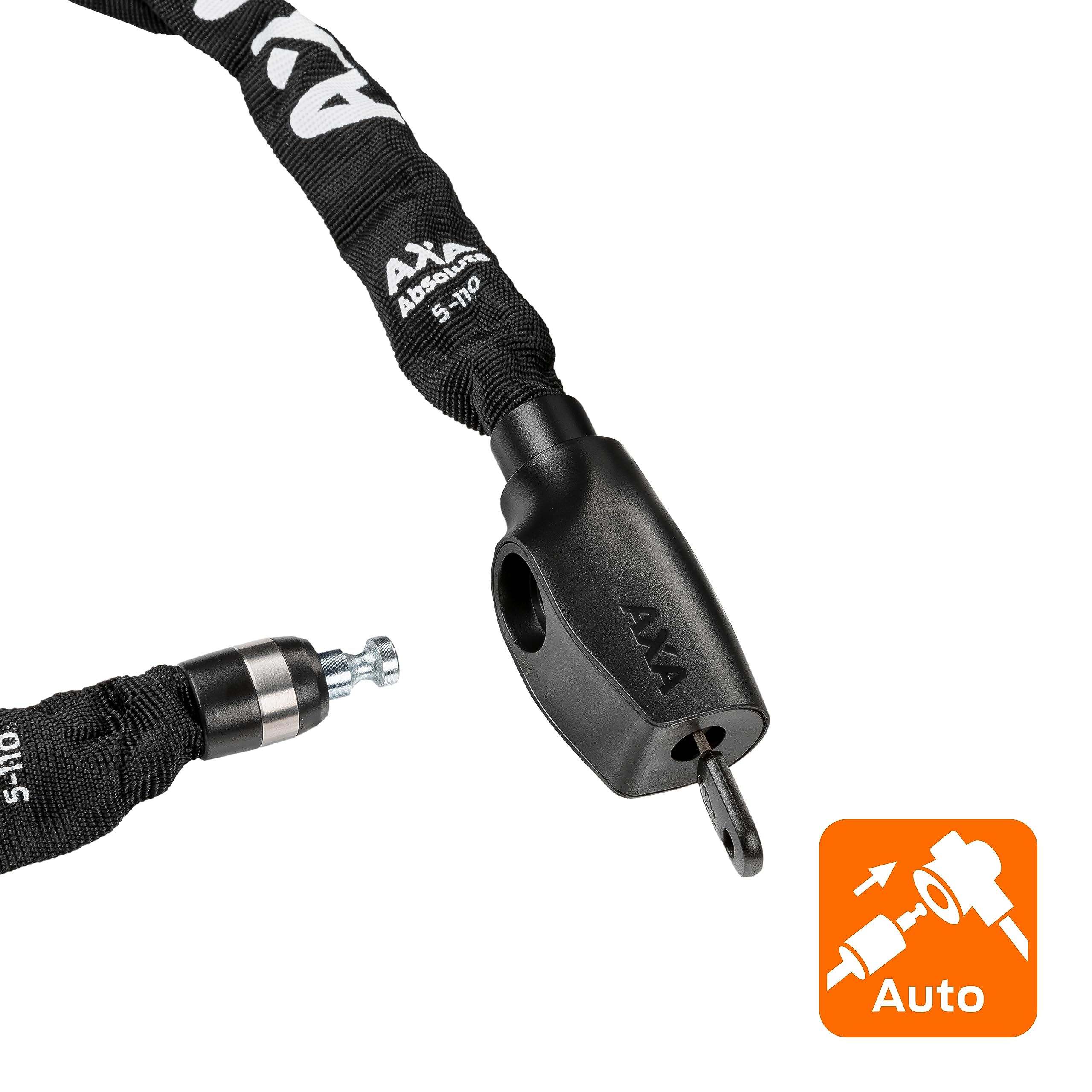 AXA Absolute 5-110 Antivol de vélo, Chaîne antivol, Cadenas pour vélo et trottinette, Sécurité 7 sur 15, 110 cm x 5 mm, Housse en polyester noir