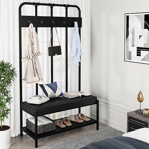 Miniatura 7 de Allewie Perchero para zapatos, árbol de pasillo independiente de 75 pulgadas, banco de entrada con estantes de almacenamiento, asiento tapizado