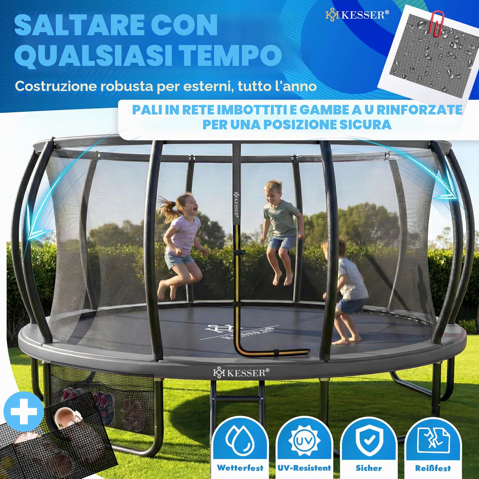 KESSER Trampolino esterno Ø 244/305/366/427 cm, certificato GS trampolino da giardino per bambini e adulti < 150 kg con rete di sicurezza, inclusa borsa, scala, copertura del bordo e aste in rete