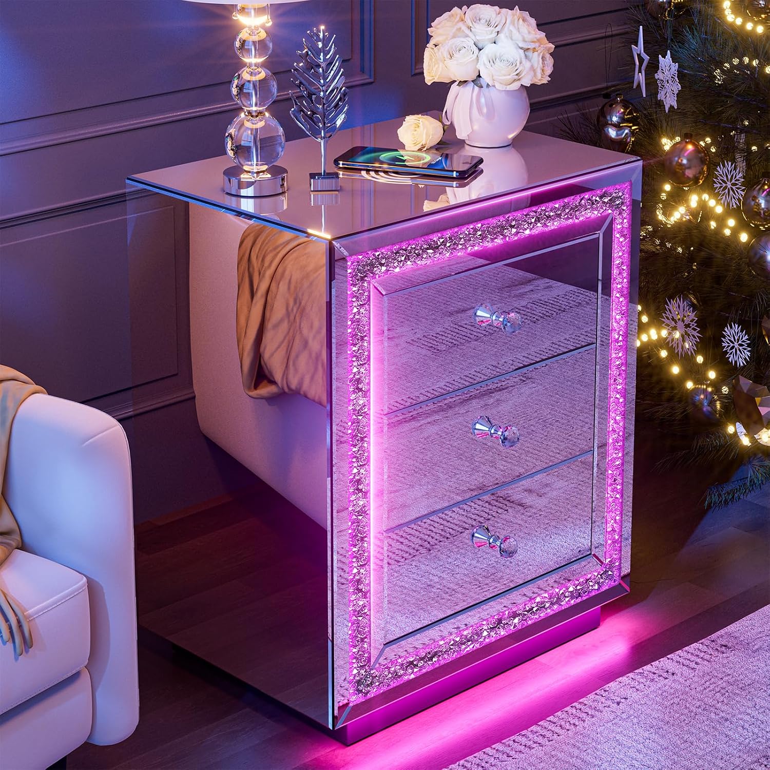 IKIFLY Mirrored Nightstand Set of 2, LED End Table with Wireless Charging Station, Modern Silver Side Table with 3 Crushed Diamond Drawers for Bedroom and Office