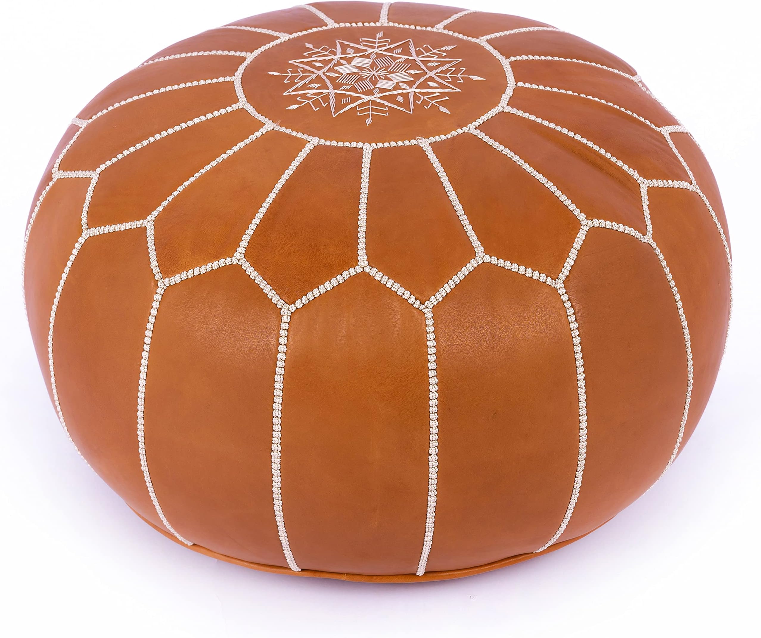 Maison Marrakech | Premium Beautiful Handmade Real Moroccan Tan Brown Leather Footstool Pouf from Marrakech | Colour Tan Brown with White Stitching | Delivered unstuffed 22.5 x 12.5 inches