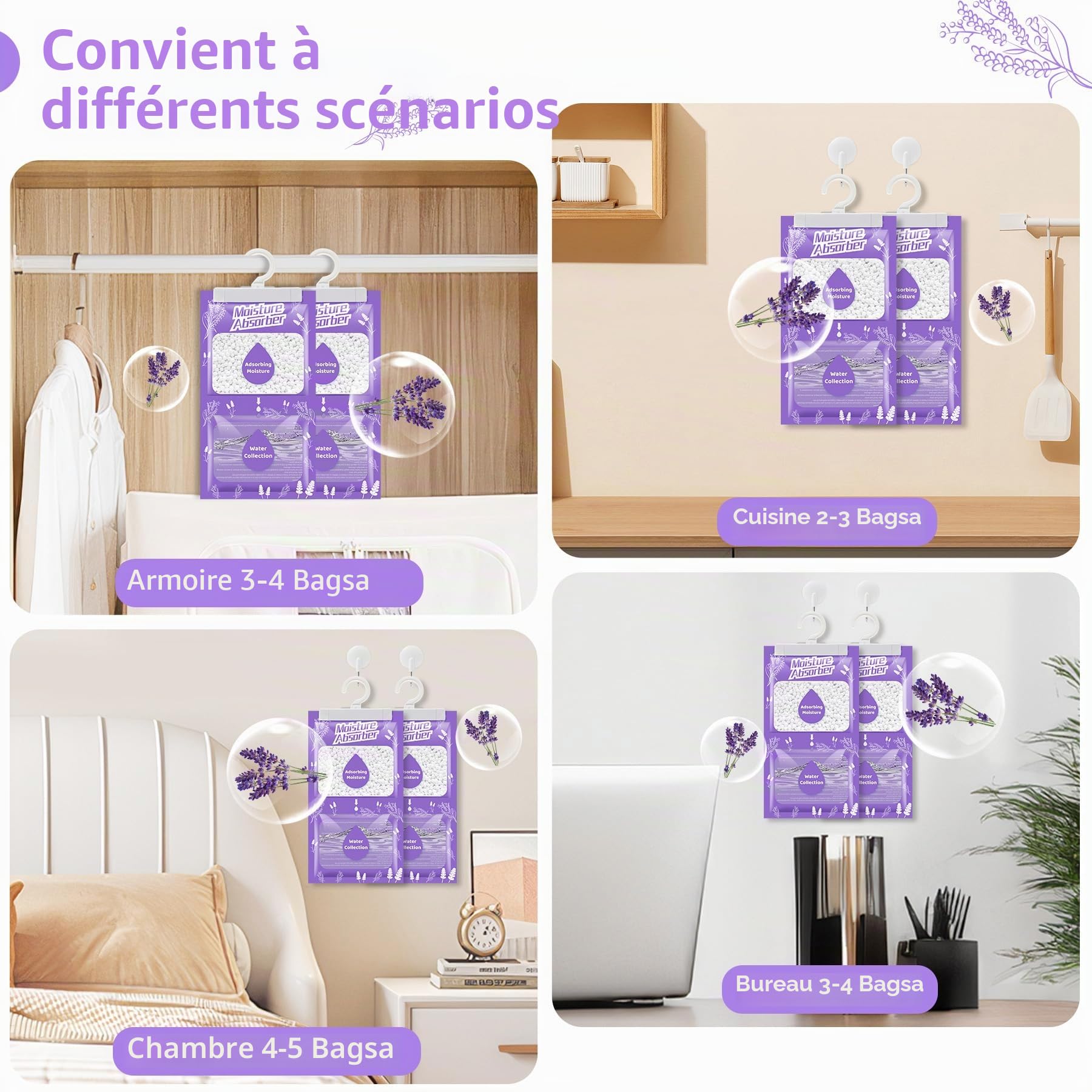 Déshumidificateur suspendu 20 x 230 g avec parfum, absorbeur d'humidité pour cave, chambre à coucher, buanderie, contre l'humidité, anti-moisissure, sac déshydratant – Lavande