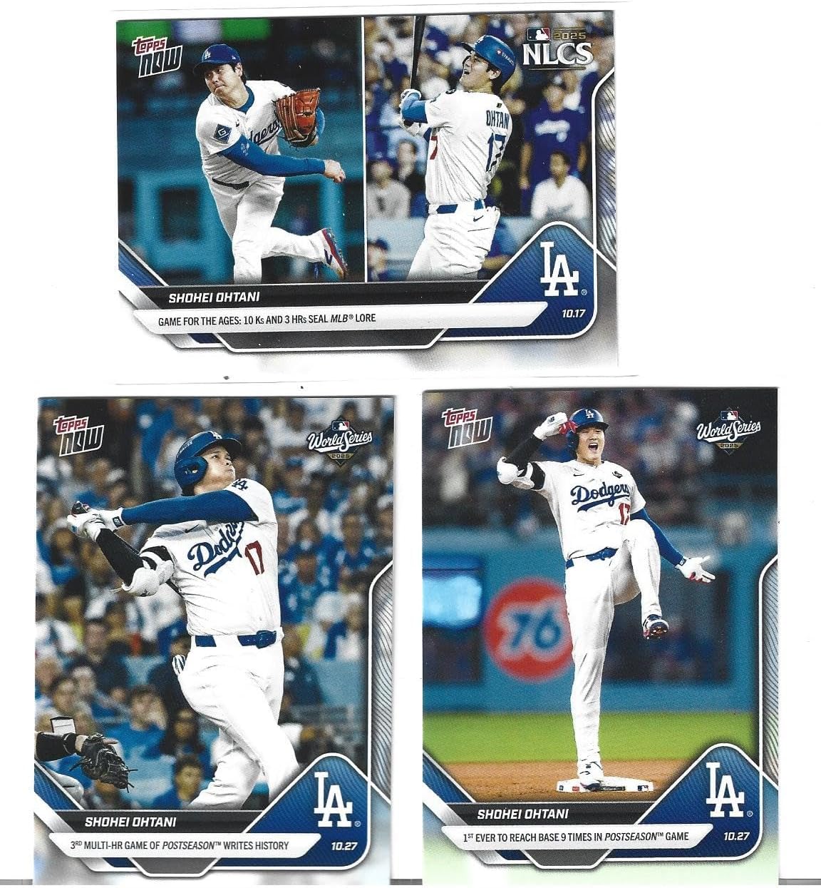2025 Shohei Ohtani 3 Card Historic Milestones Playoff Baseball Lot 3 HR’s Hit And10 K’s Pitched, 3rd Multi Hr Game and Reaches Base 9 Times In One Game! You Will Receive All 3 Cards