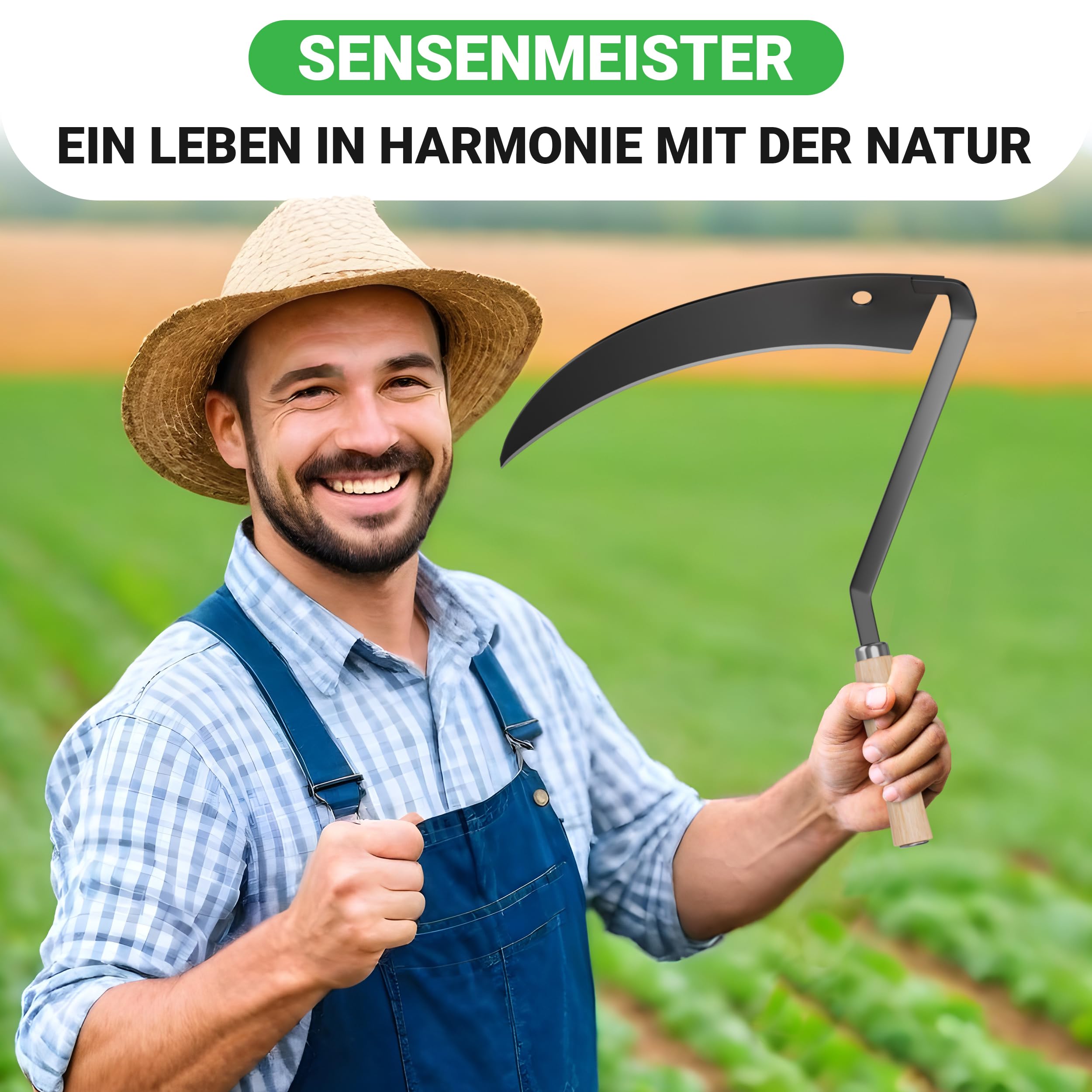 Sensensichel mit Holzgriff - traditionelle scharfe Sichel - nachhaltige Handsense 31x33 cm- inklusive Gratis Schleifstein – robuste Handsense für Gras