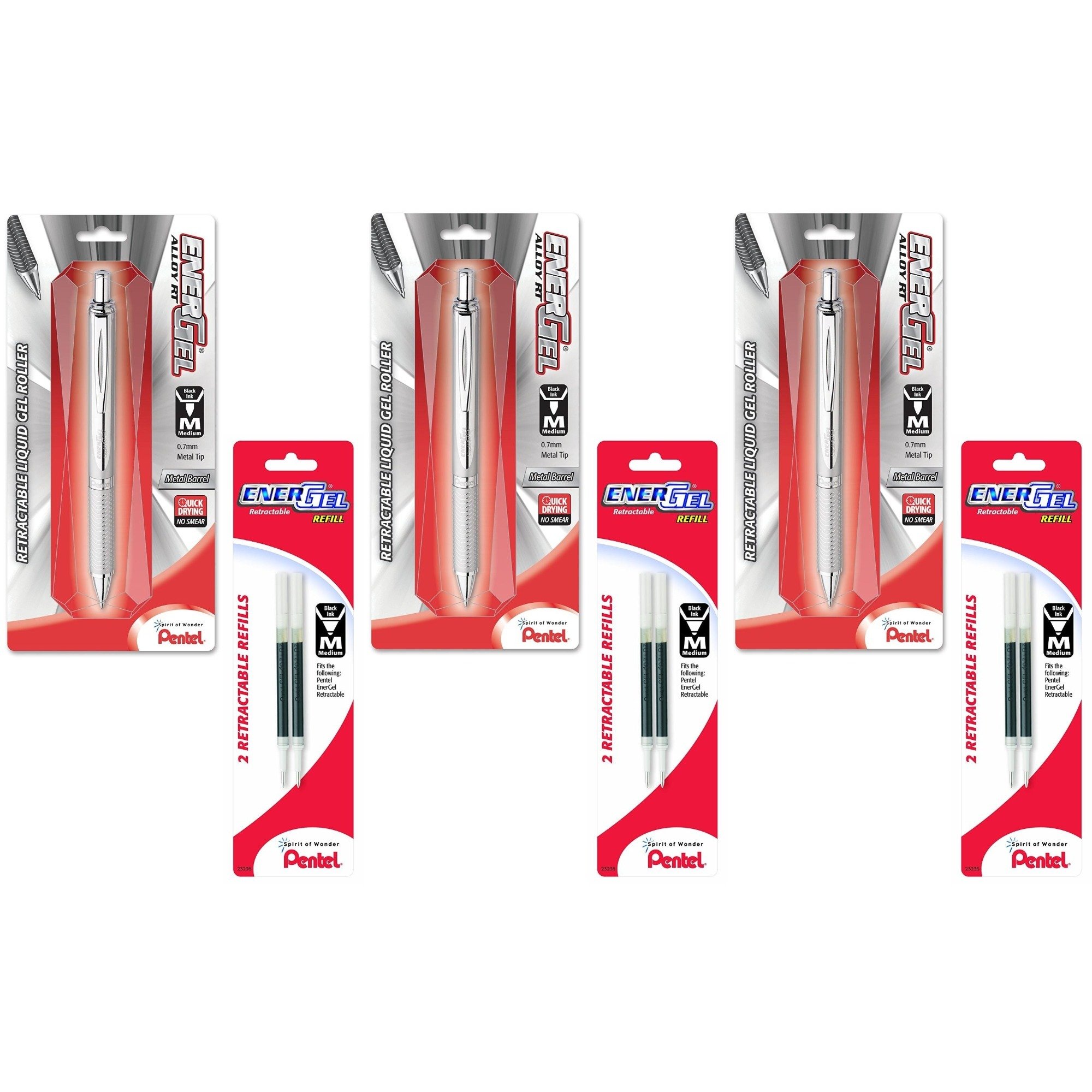 Pentel EnerGel Alloy RT Premium Liquid Gel Pen, 0.7mm Silver Barrel, Black Ink 3 Pens with 6 Refills Black Ink 0.7mm, Metal Tip