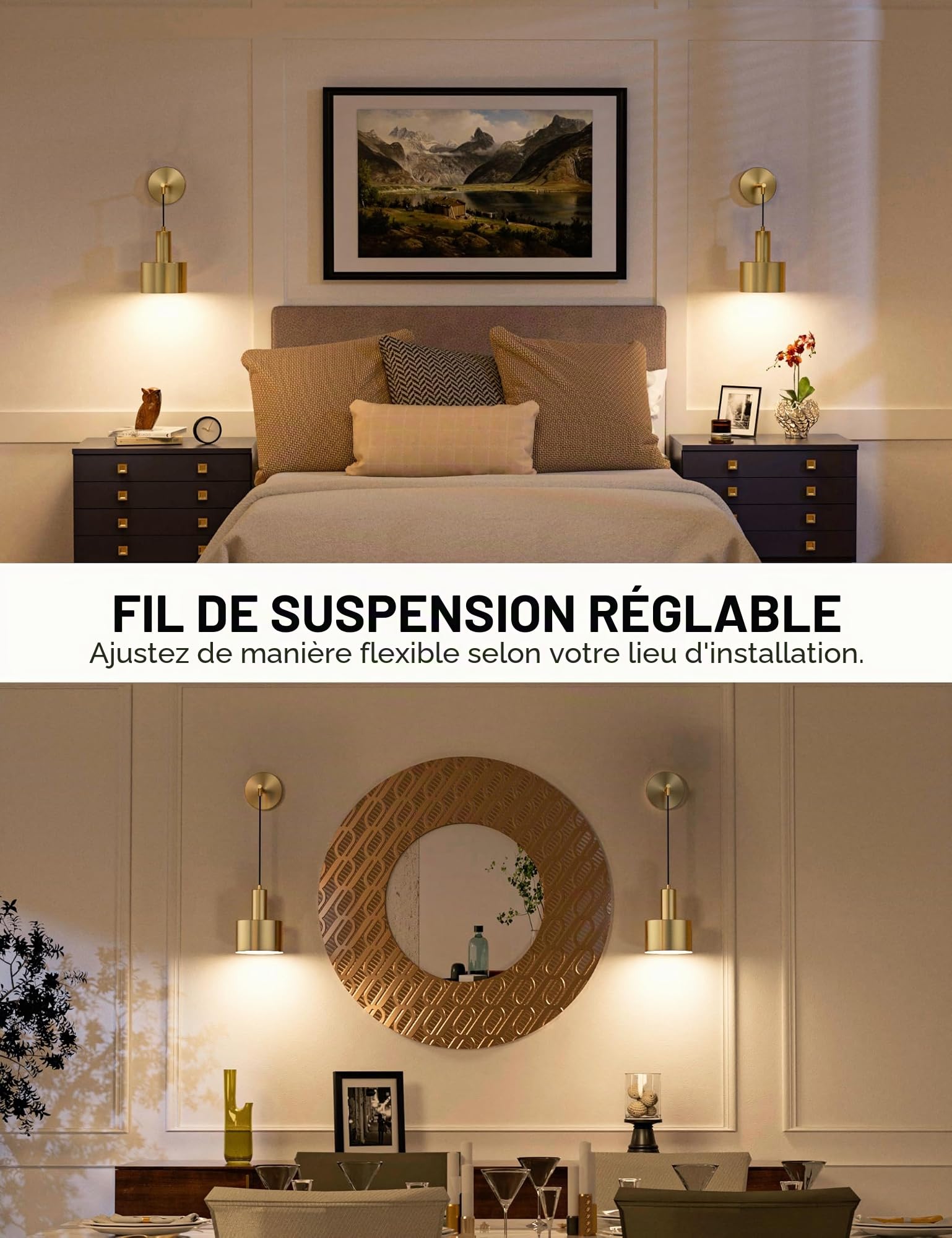 NIORSUN Appliques et mural à piles, applique intérieure dorée avec ampoules amovibles à intensité variable, 5200 mAh et télécommande