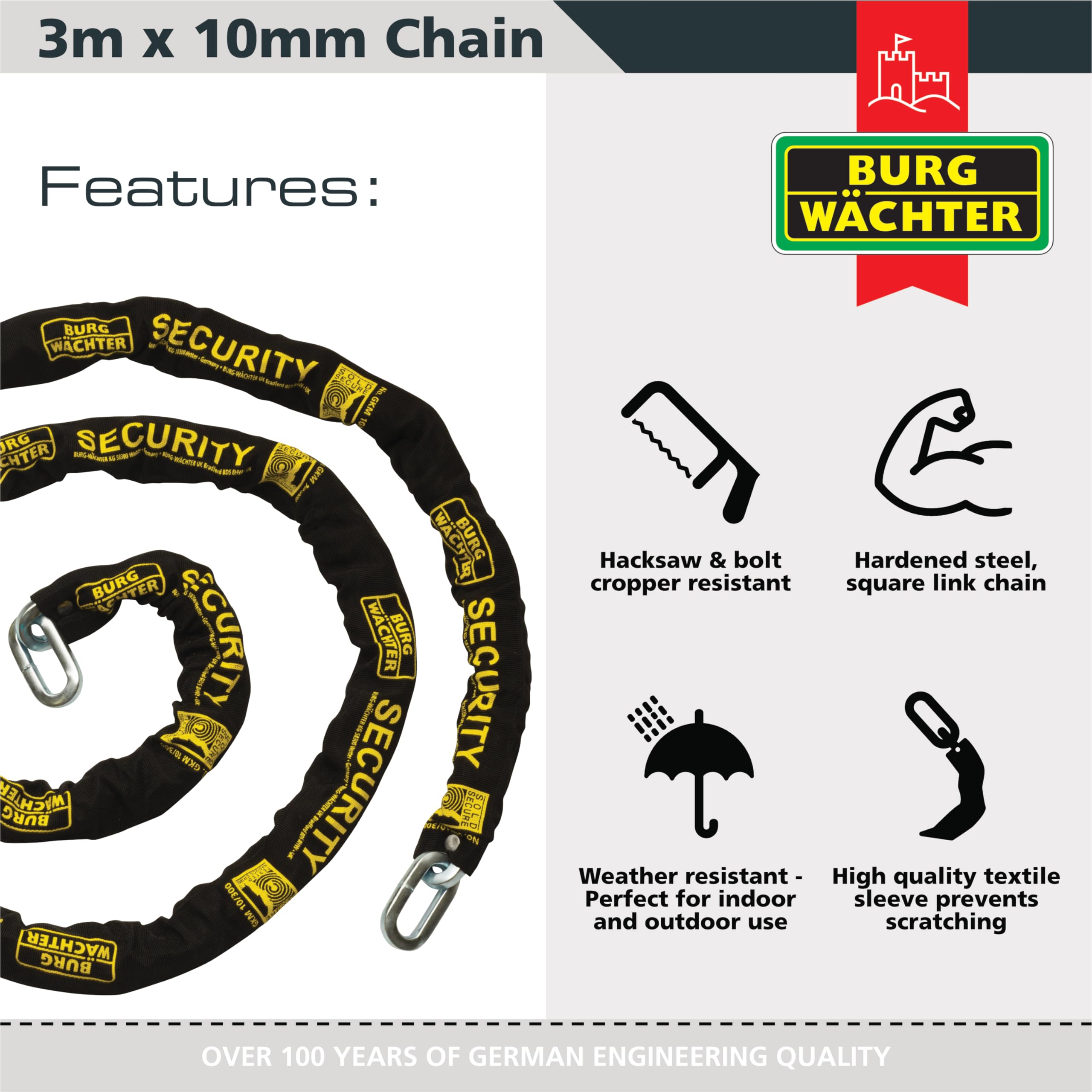 Burg-Wachter GKM 10/300 - Catena di sicurezza in oro, 10 mm, 3 m, colore: Nero