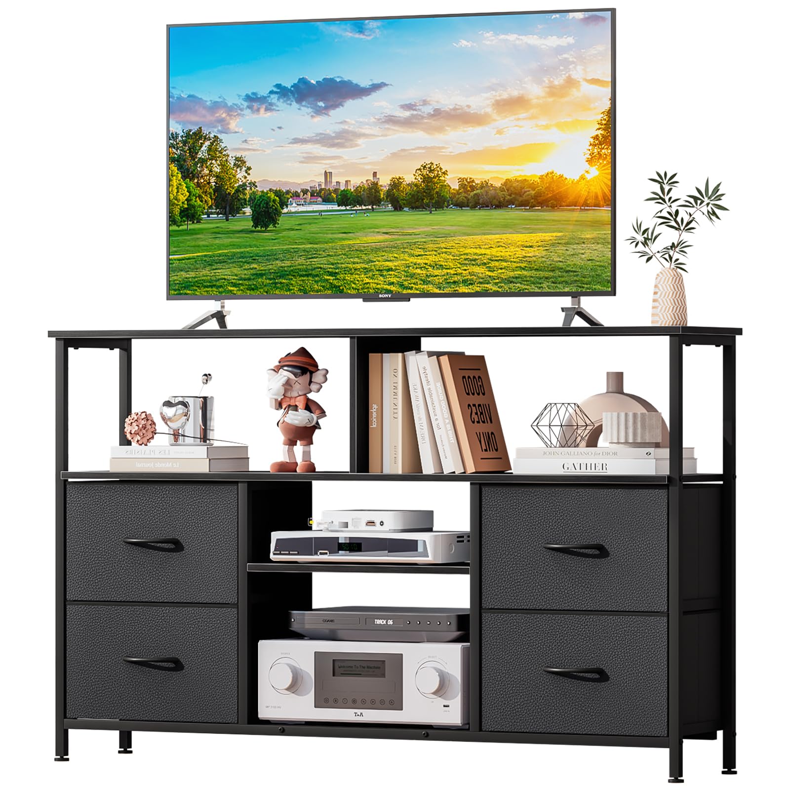 Mobile TV, Tavolino Porta TV fino a 55 Pollici con 4 Cassetti in Tessuto e Mensola Regolabile, Supporto TV in Legno e Metallo, con Piedi Regolabili, Adatto per Soggiorno, Camera da Letto, Ufficio