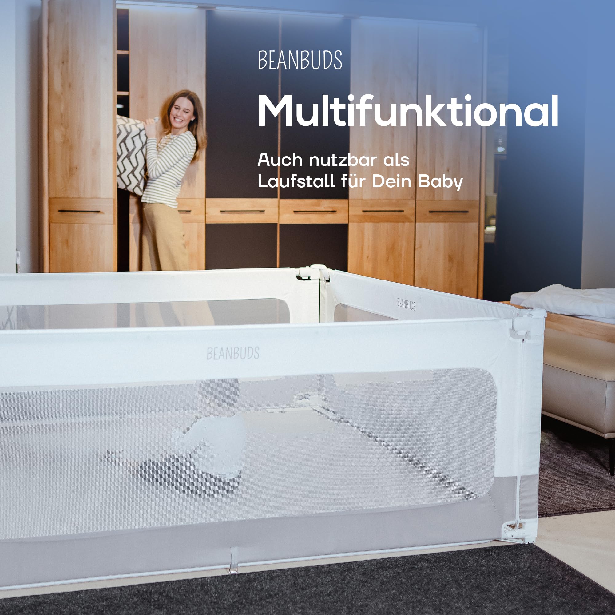 BEANBUDS® Bettgitter Rausfallschutz 200cm [1 Seite], Grau | Bettschutzgitter Lattenrost & Boxspringbett, Baby Gitterschutz Elternbett & Kinderbett, inkl. extra Gurt, Bett Fallschutz