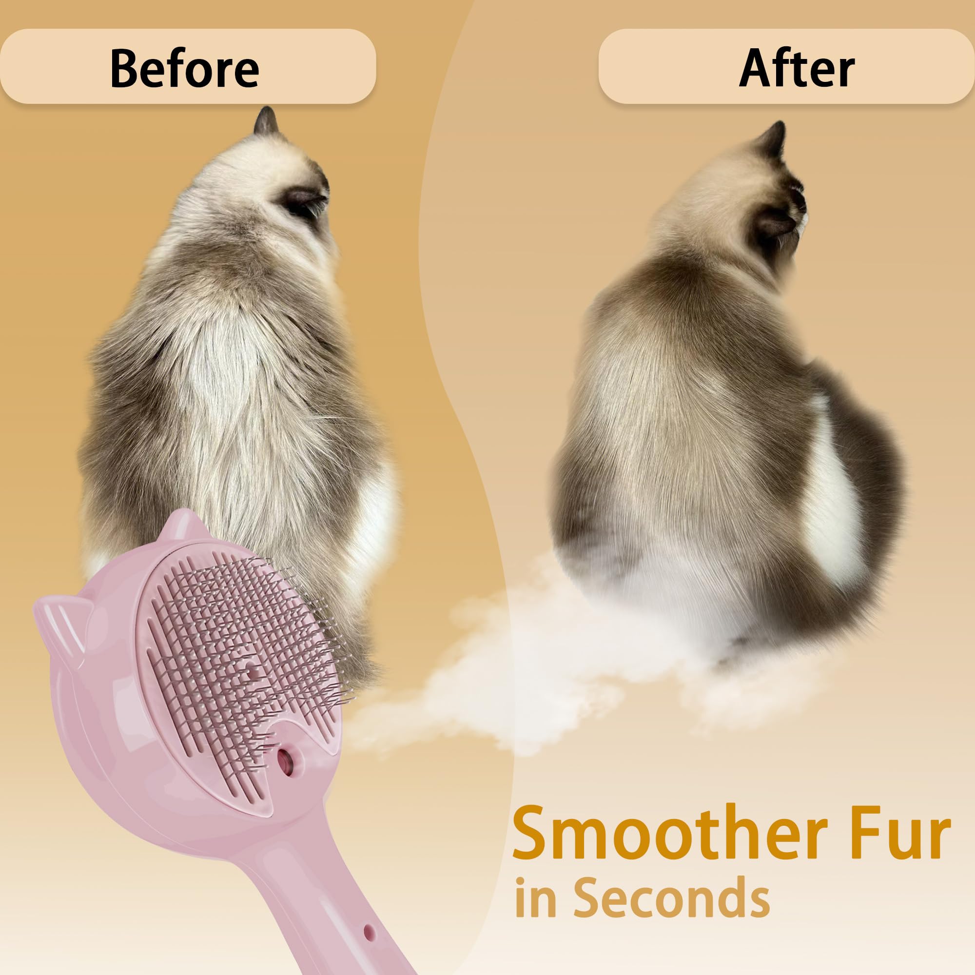 Haustier-Dampfbürste für Katzen und Hunde, 3-in-1-Pflegekamm, reduziert Haarausfall, weiche Borsten, fördert gesundes Fell, inklusive wasserlosem Shampoo, Rosa