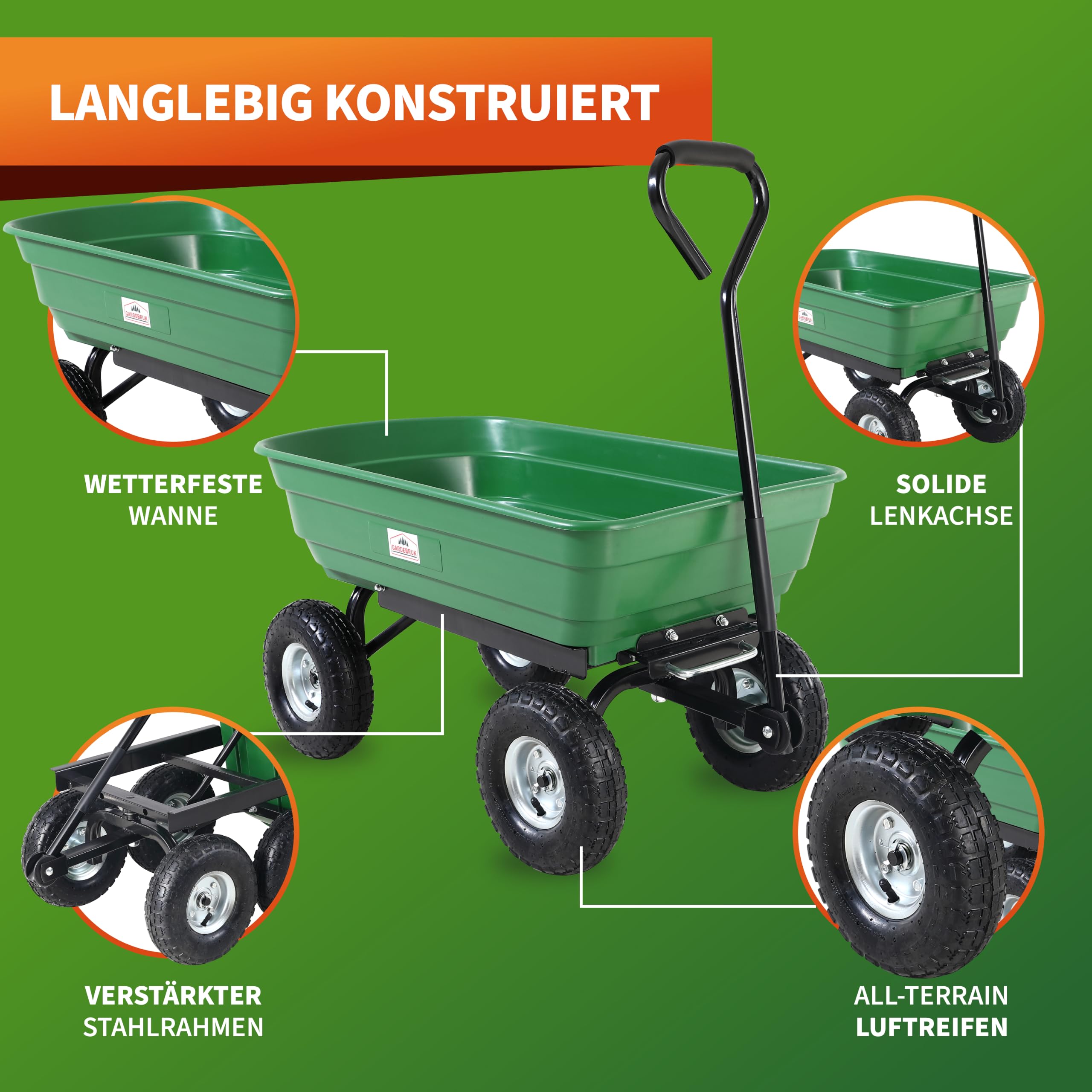 GARDEBRUK® Bollerwagen mit Kippfunktion 300kg Belastbar 4 Profil Gelände Räder Luftbereift Lenkachse 75L Groß Transportwagen Handwagen Gartenwagen